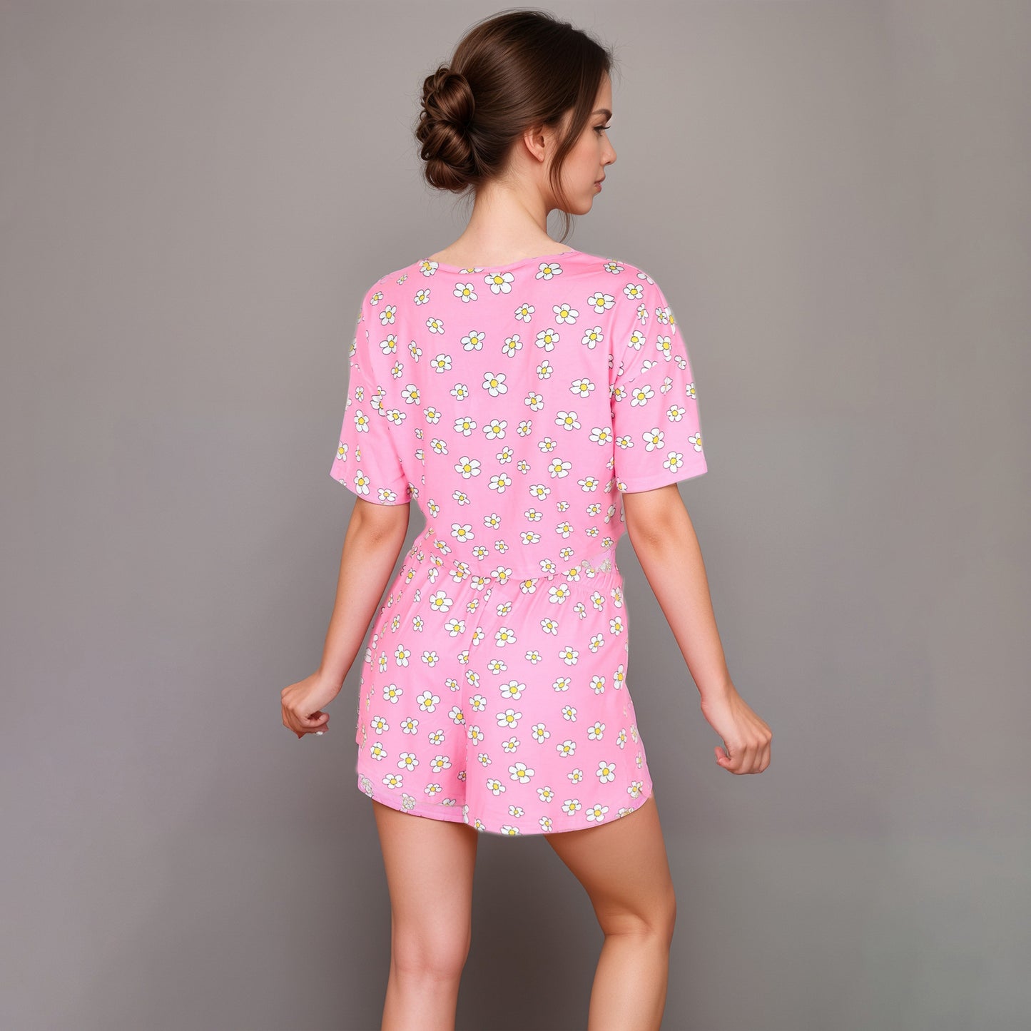Anna-Kaci Women's Daisy Print Pajama Set with Cropped Short Sleeve Top Crew Neckline and Elastic Waist Relaxed Fit Shorts