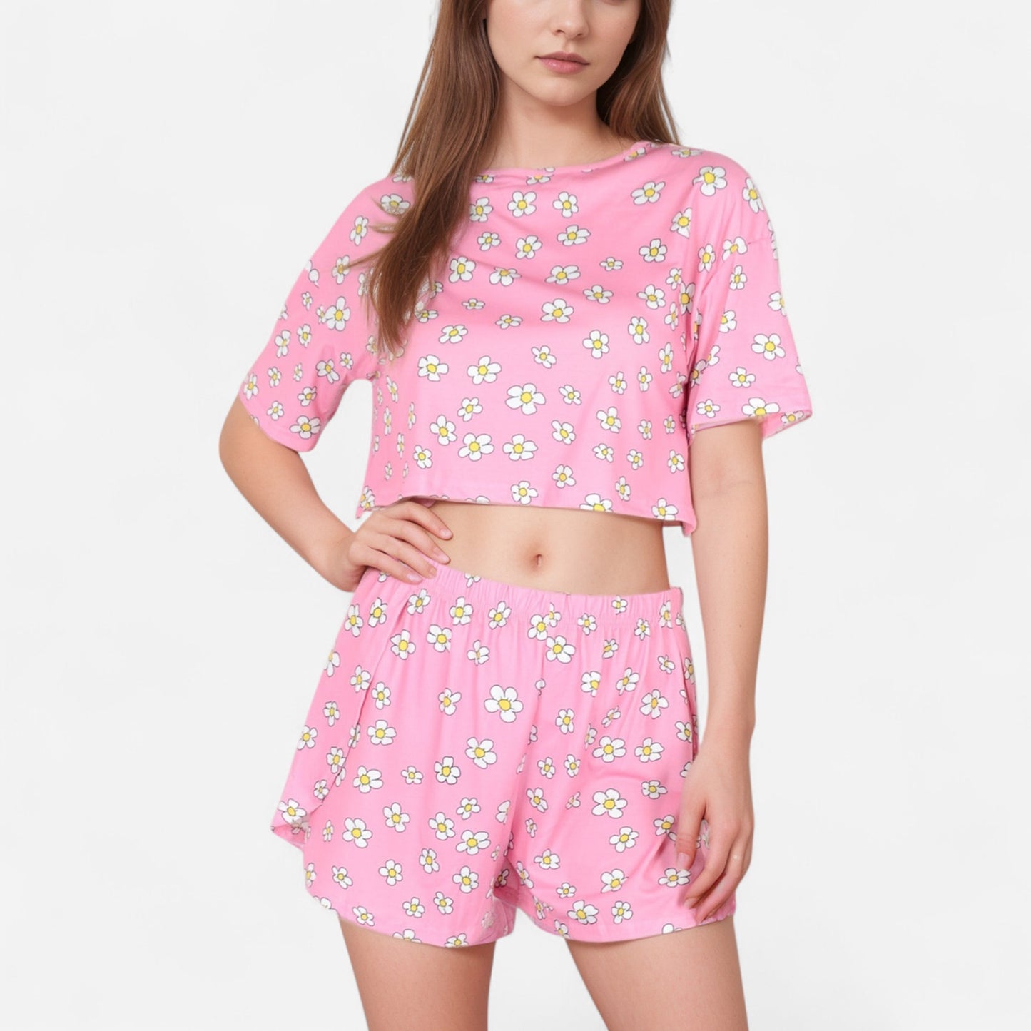 Anna-Kaci Women's Daisy Print Pajama Set with Cropped Short Sleeve Top Crew Neckline and Elastic Waist Relaxed Fit Shorts
