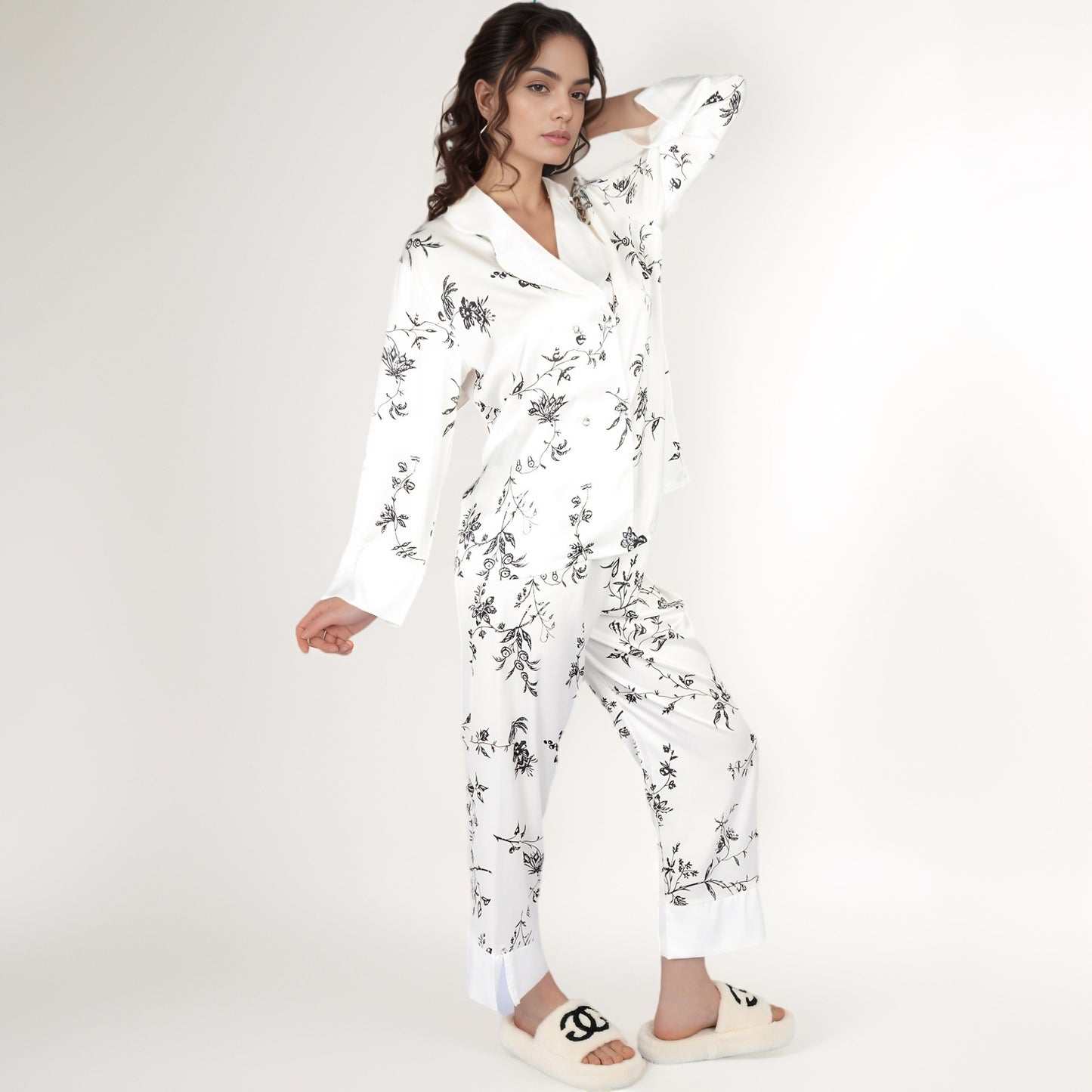 Anna-Kaci Women's Satin Floral Pajama Set with Long Sleeve Notched Collar Button-Up Top and Relaxed Fit Full-Length Pants