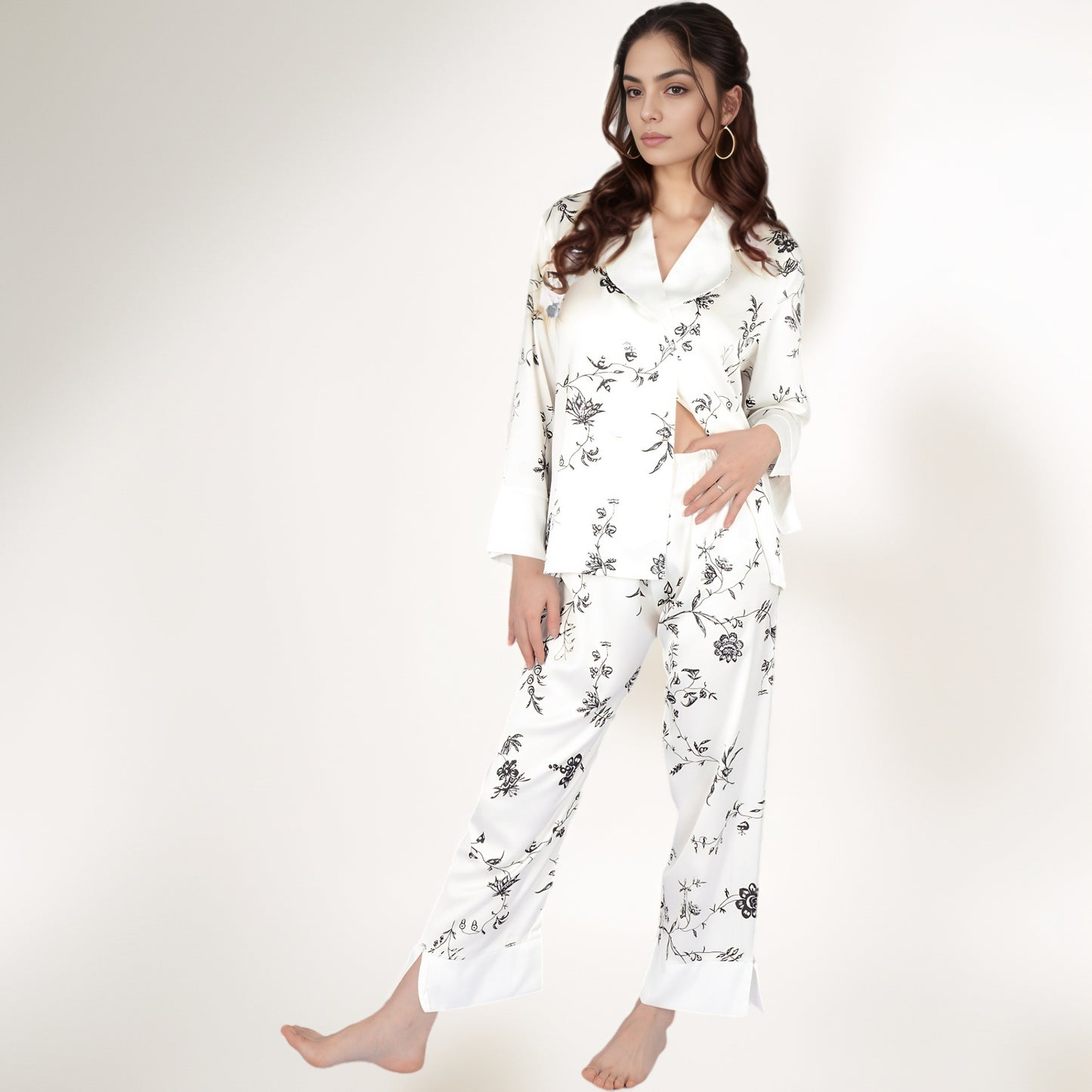Anna-Kaci Women's Satin Floral Pajama Set with Long Sleeve Notched Collar Button-Up Top and Relaxed Fit Full-Length Pants