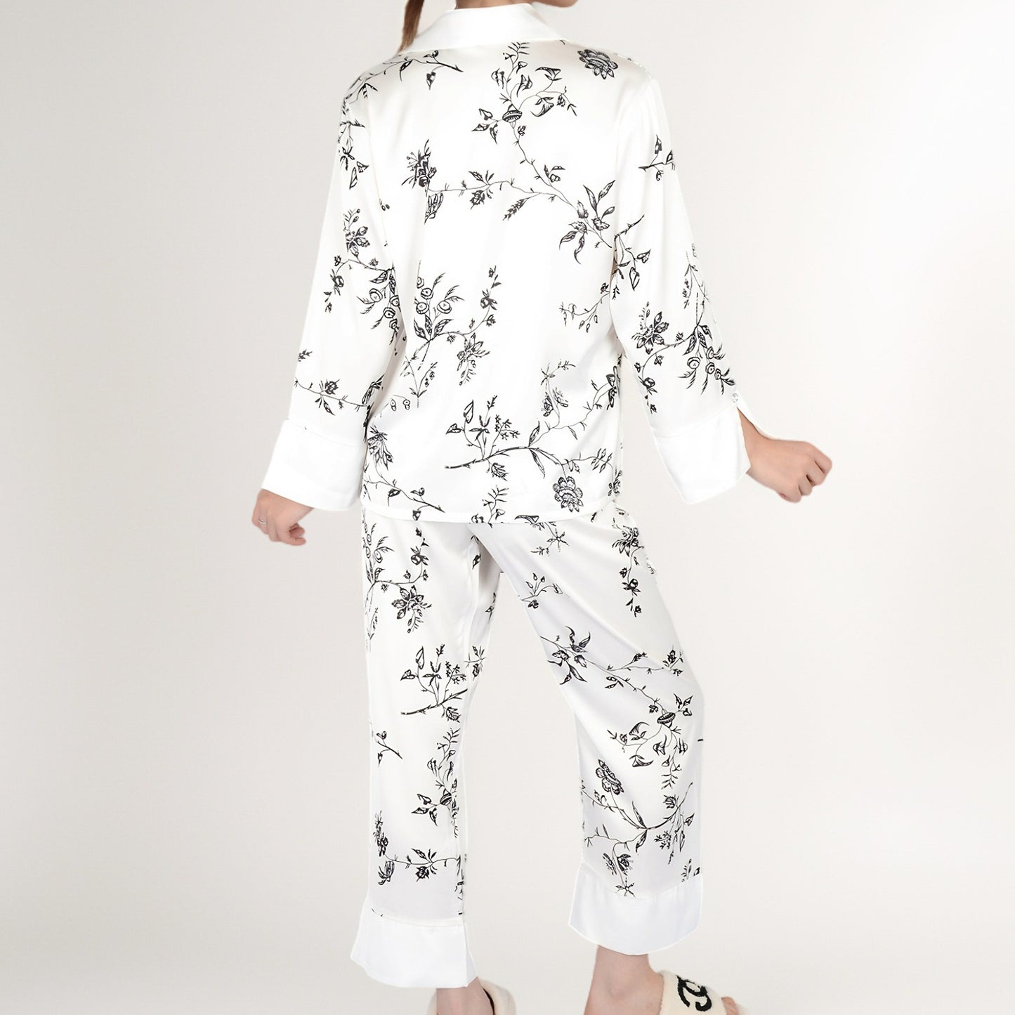 Anna-Kaci Women's Satin Floral Pajama Set with Long Sleeve Notched Collar Button-Up Top and Relaxed Fit Full-Length Pants