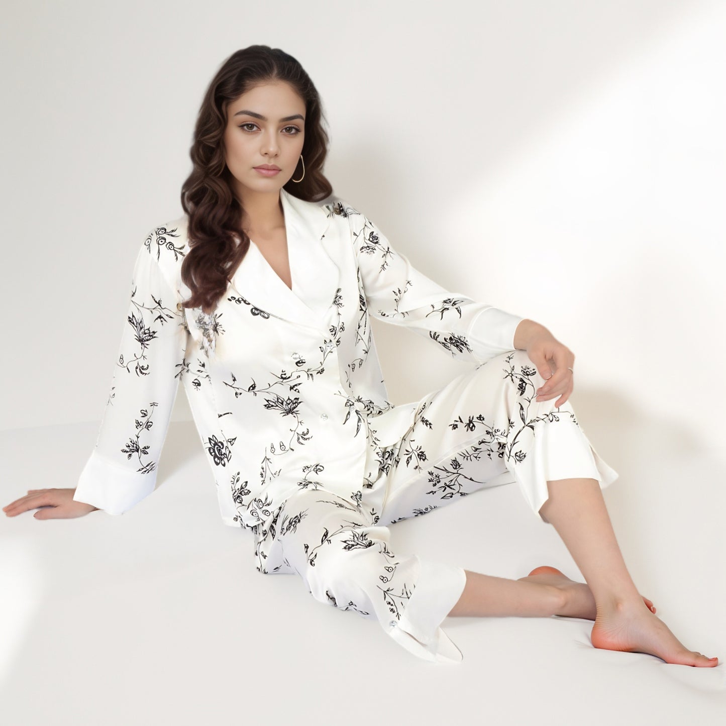 Anna-Kaci Women's Satin Floral Pajama Set with Long Sleeve Notched Collar Button-Up Top and Relaxed Fit Full-Length Pants