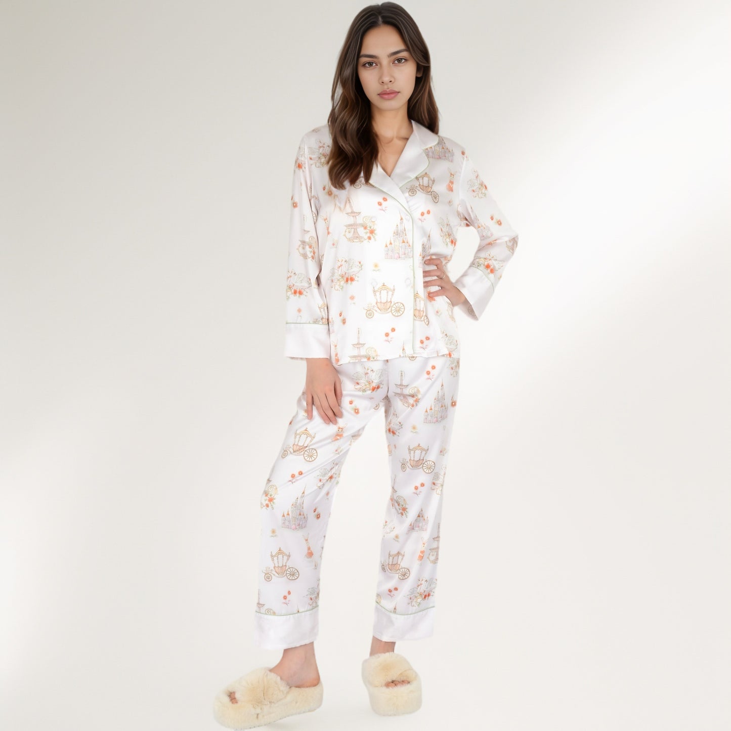Anna-Kaci Women's Satin Floral Pajama Set with Long Sleeve Notched Collar Button-Up Top and Relaxed Fit Full-Length Pants