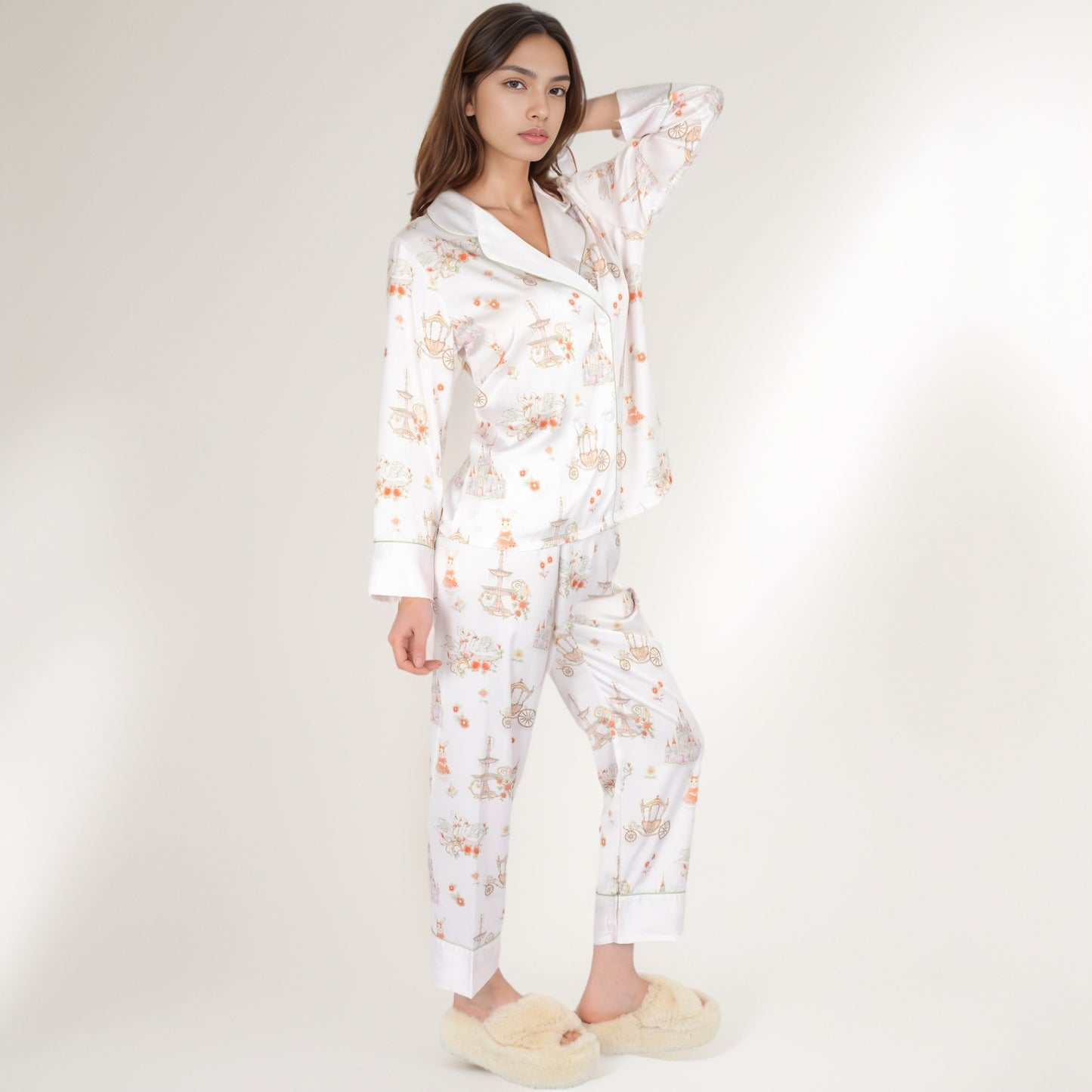 Anna-Kaci Women's Satin Floral Pajama Set with Long Sleeve Notched Collar Button-Up Top and Relaxed Fit Full-Length Pants