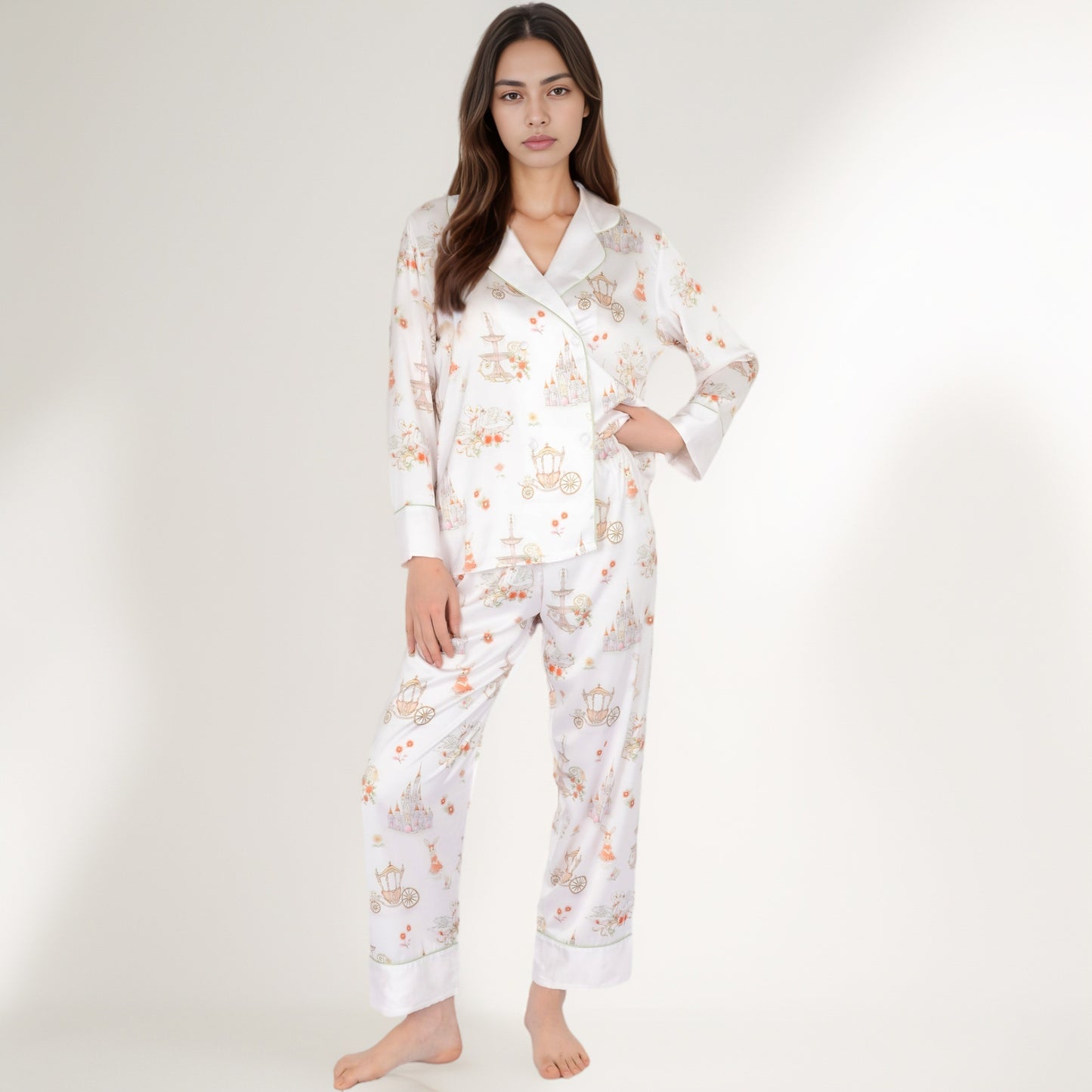 Anna-Kaci Women's Satin Floral Pajama Set with Long Sleeve Notched Collar Button-Up Top and Relaxed Fit Full-Length Pants