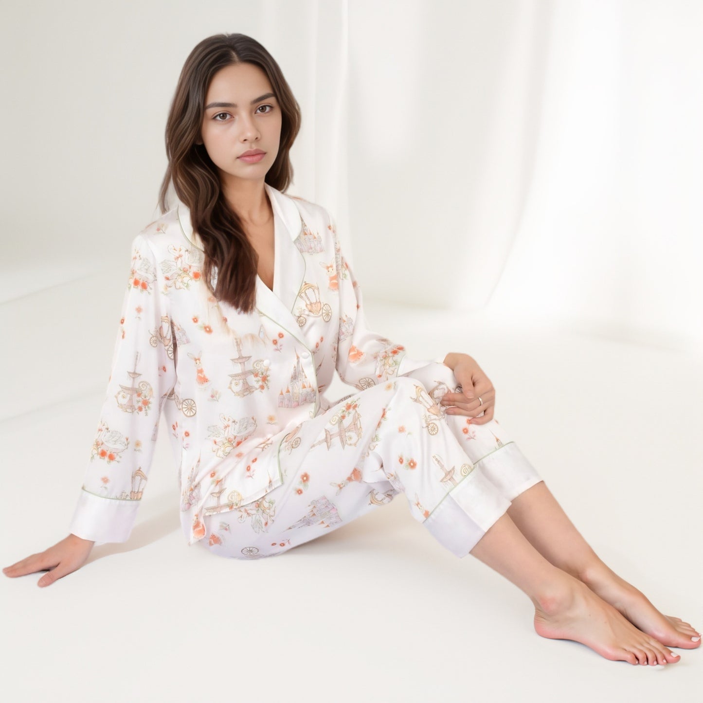 Anna-Kaci Women's Satin Floral Pajama Set with Long Sleeve Notched Collar Button-Up Top and Relaxed Fit Full-Length Pants