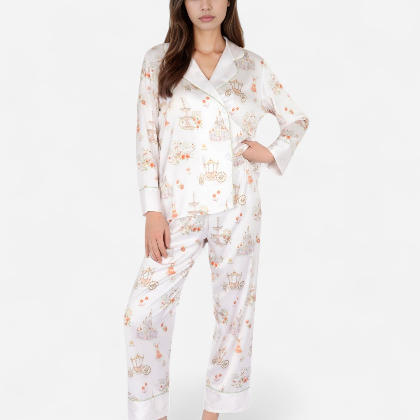 Anna-Kaci Women's Satin Floral Pajama Set with Long Sleeve Notched Collar Button-Up Top and Relaxed Fit Full-Length Pants