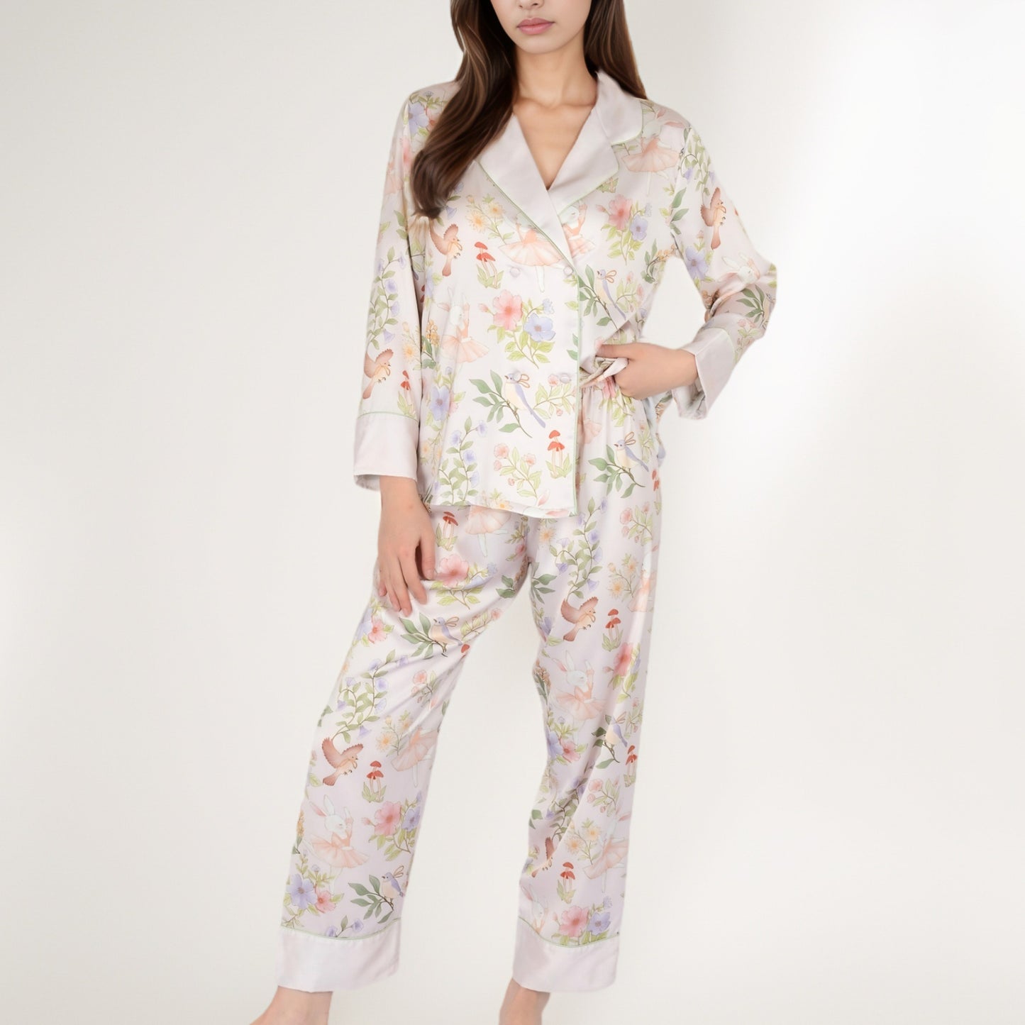 Anna-Kaci Women's Satin Floral Pajama Set with Long Sleeve Notched Collar Button-Up Top and Relaxed Fit Full-Length Pants