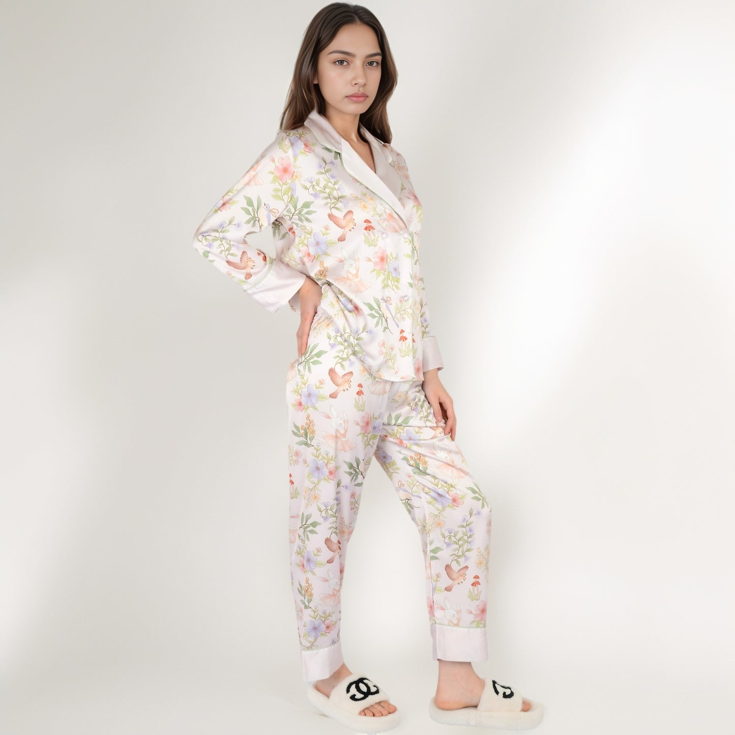 Anna-Kaci Women's Satin Floral Pajama Set with Long Sleeve Notched Collar Button-Up Top and Relaxed Fit Full-Length Pants