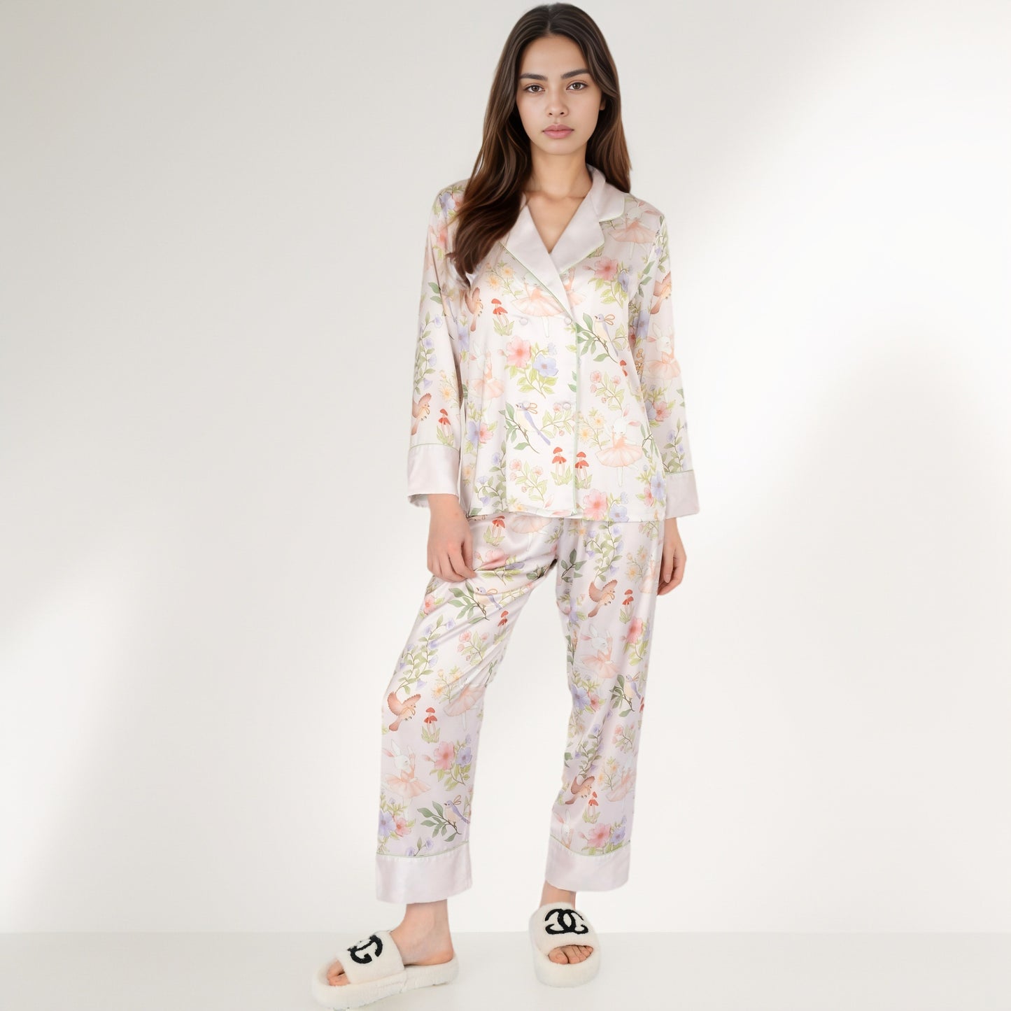 Anna-Kaci Women's Satin Floral Pajama Set with Long Sleeve Notched Collar Button-Up Top and Relaxed Fit Full-Length Pants