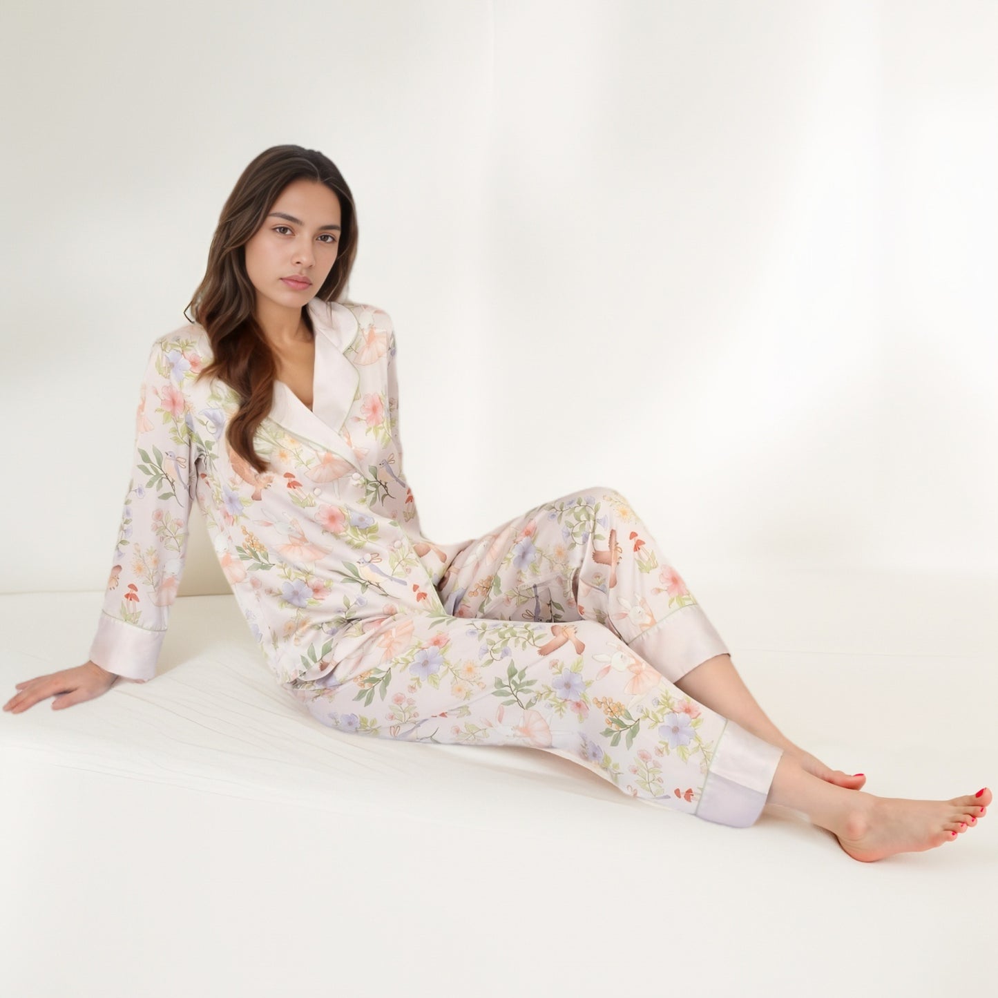Anna-Kaci Women's Satin Floral Pajama Set with Long Sleeve Notched Collar Button-Up Top and Relaxed Fit Full-Length Pants