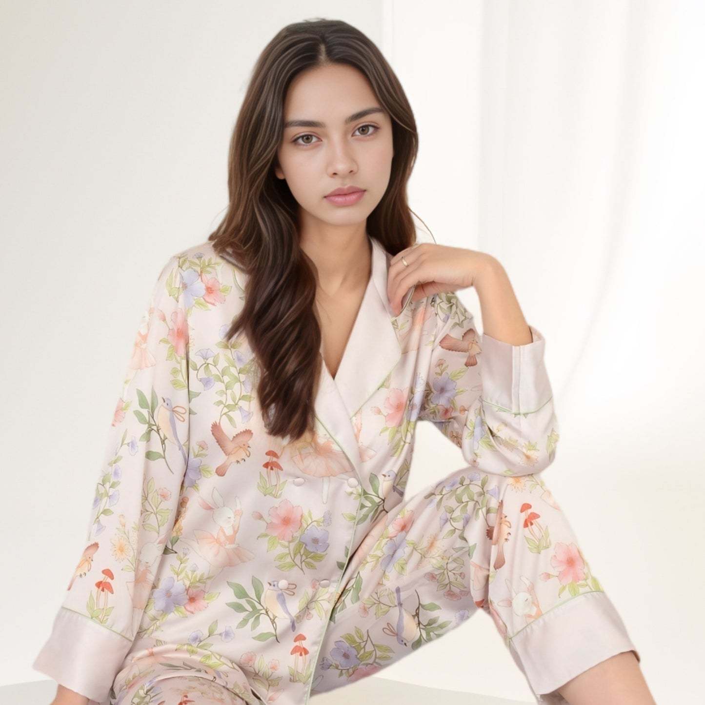 Anna-Kaci Women's Satin Floral Pajama Set with Long Sleeve Notched Collar Button-Up Top and Relaxed Fit Full-Length Pants