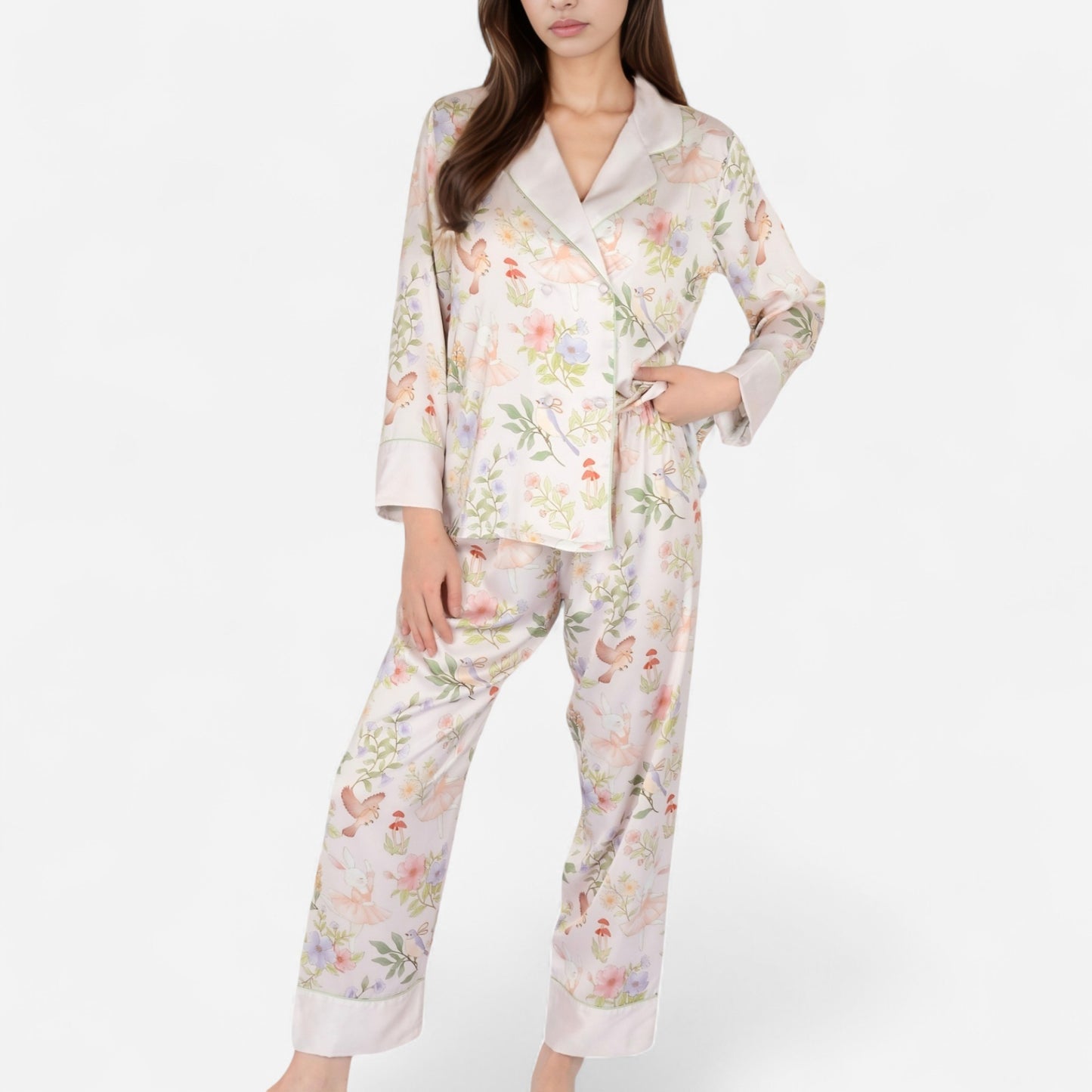 Anna-Kaci Women's Satin Floral Pajama Set with Long Sleeve Notched Collar Button-Up Top and Relaxed Fit Full-Length Pants