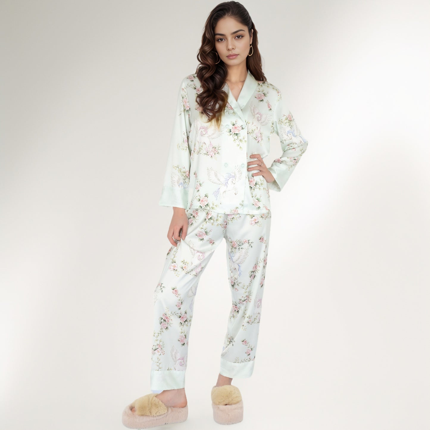 Anna-Kaci Women's Satin Floral Pajama Set with Long Sleeve Notched Collar Button-Up Top and Relaxed Fit Full-Length Pants