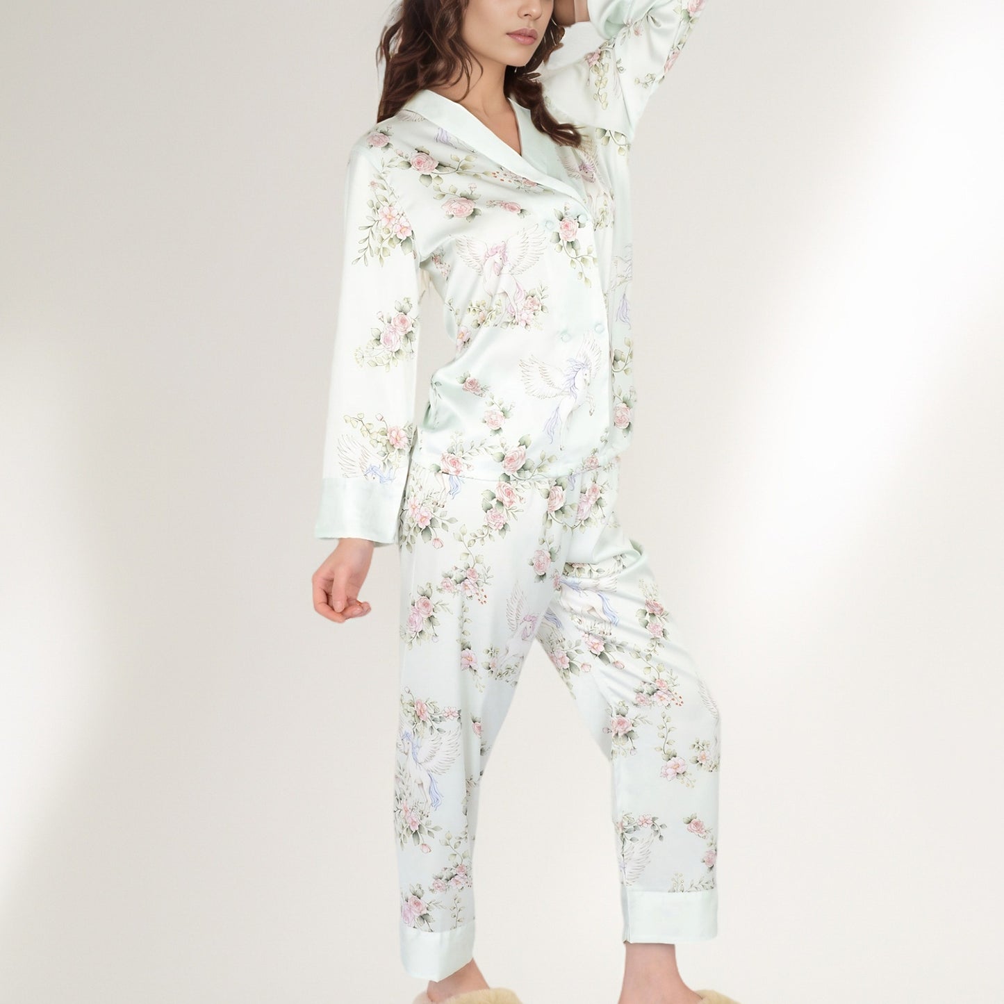 Anna-Kaci Women's Satin Floral Pajama Set with Long Sleeve Notched Collar Button-Up Top and Relaxed Fit Full-Length Pants