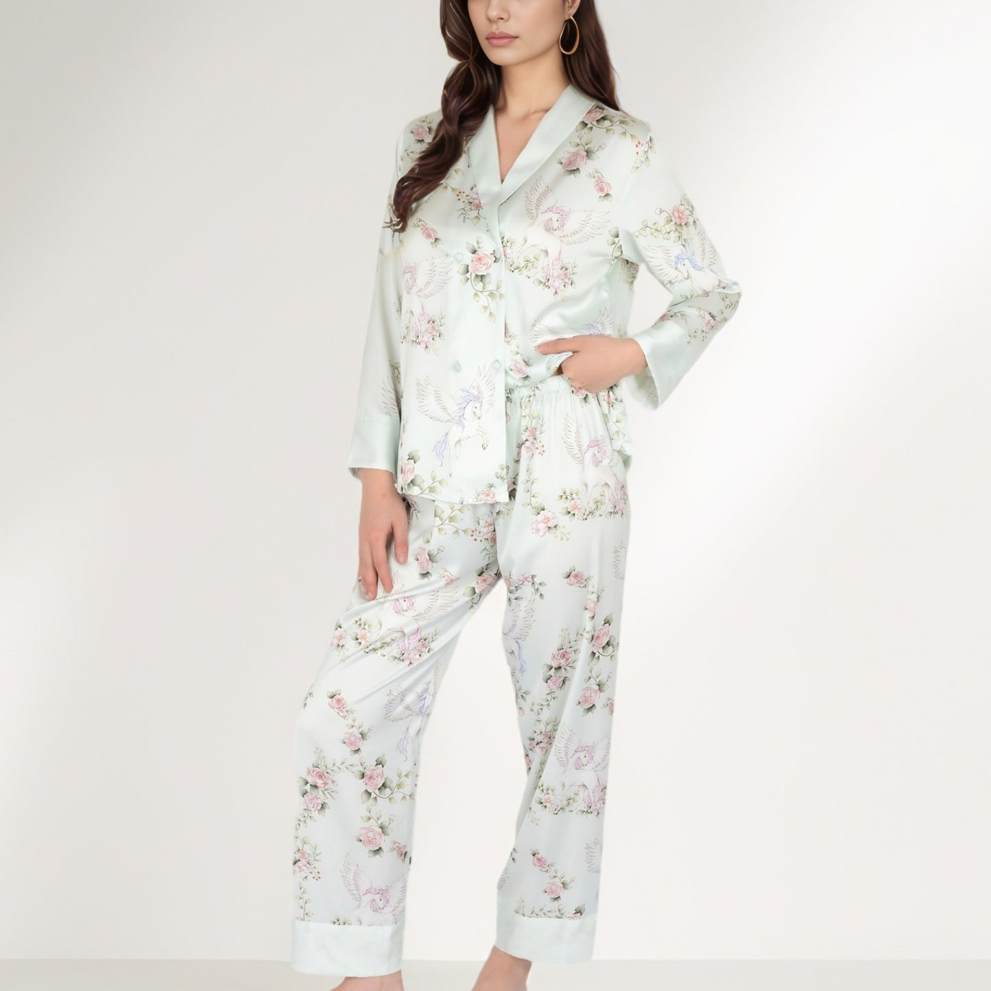 Anna-Kaci Women's Satin Floral Pajama Set with Long Sleeve Notched Collar Button-Up Top and Relaxed Fit Full-Length Pants