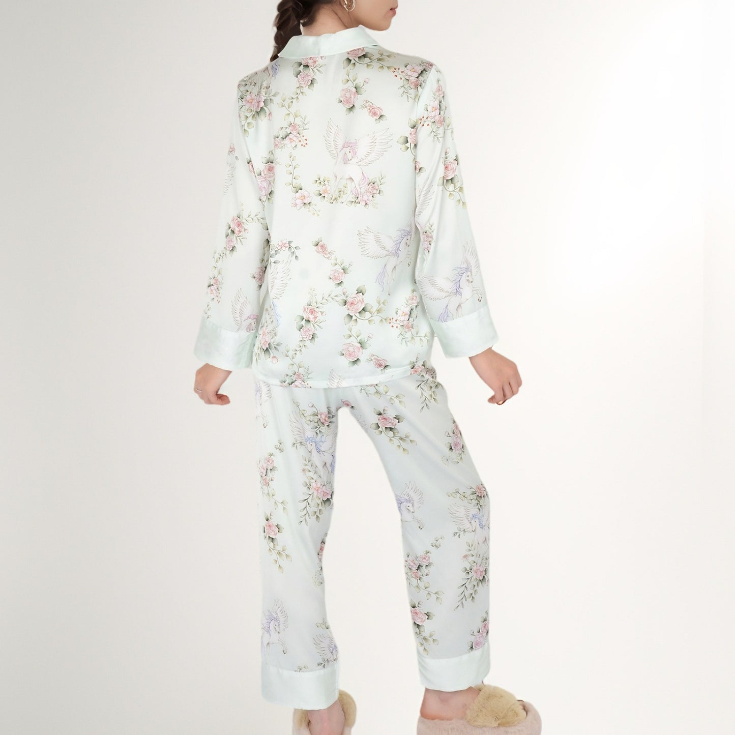 Anna-Kaci Women's Satin Floral Pajama Set with Long Sleeve Notched Collar Button-Up Top and Relaxed Fit Full-Length Pants