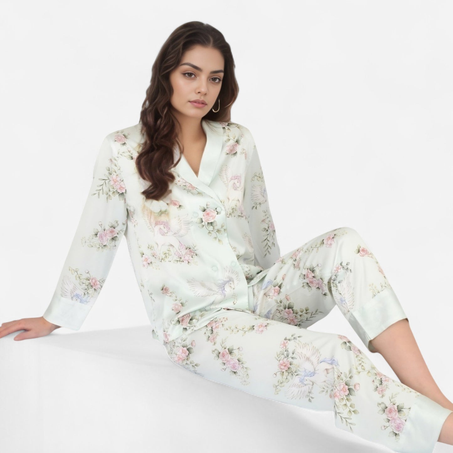 Anna-Kaci Women's Satin Floral Pajama Set with Long Sleeve Notched Collar Button-Up Top and Relaxed Fit Full-Length Pants