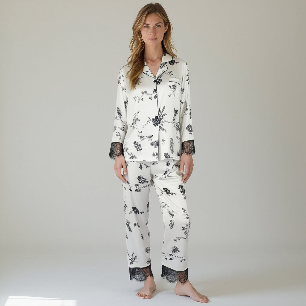 Anna-Kaci Lounge Women's Satin Pajama Set with Floral Print Long Sleeves and Lace Trim Cuffs and Hem