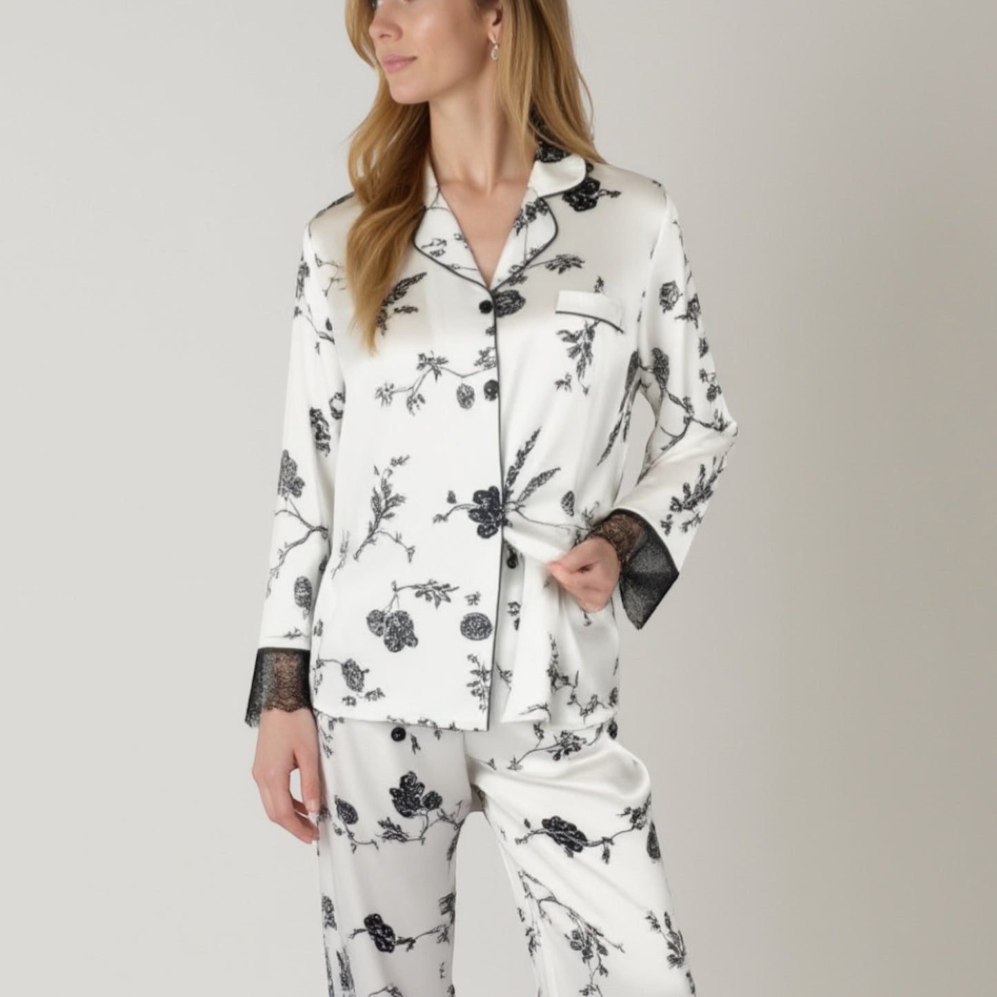 Anna-Kaci Lounge Women's Satin Pajama Set with Floral Print Long Sleeves and Lace Trim Cuffs and Hem
