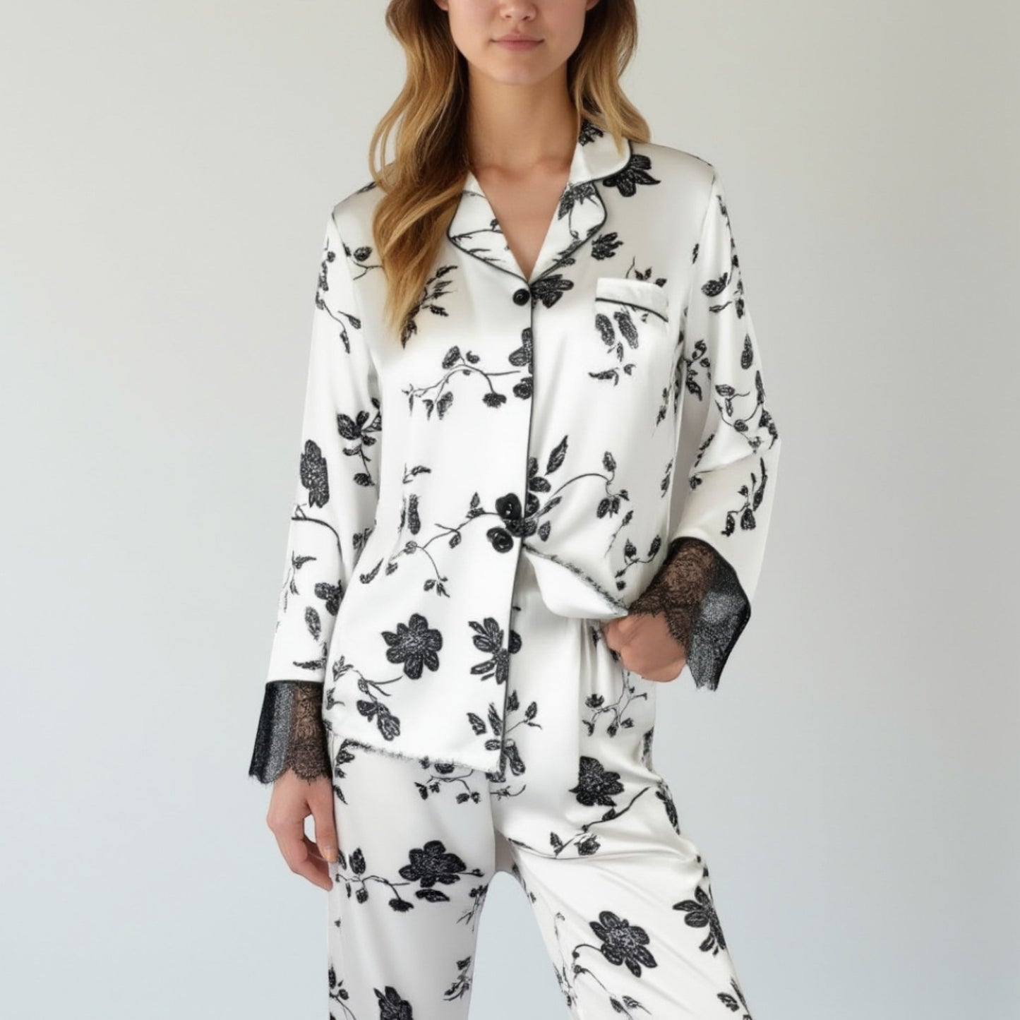Anna-Kaci Lounge Women's Satin Pajama Set with Floral Print Long Sleeves and Lace Trim Cuffs and Hem