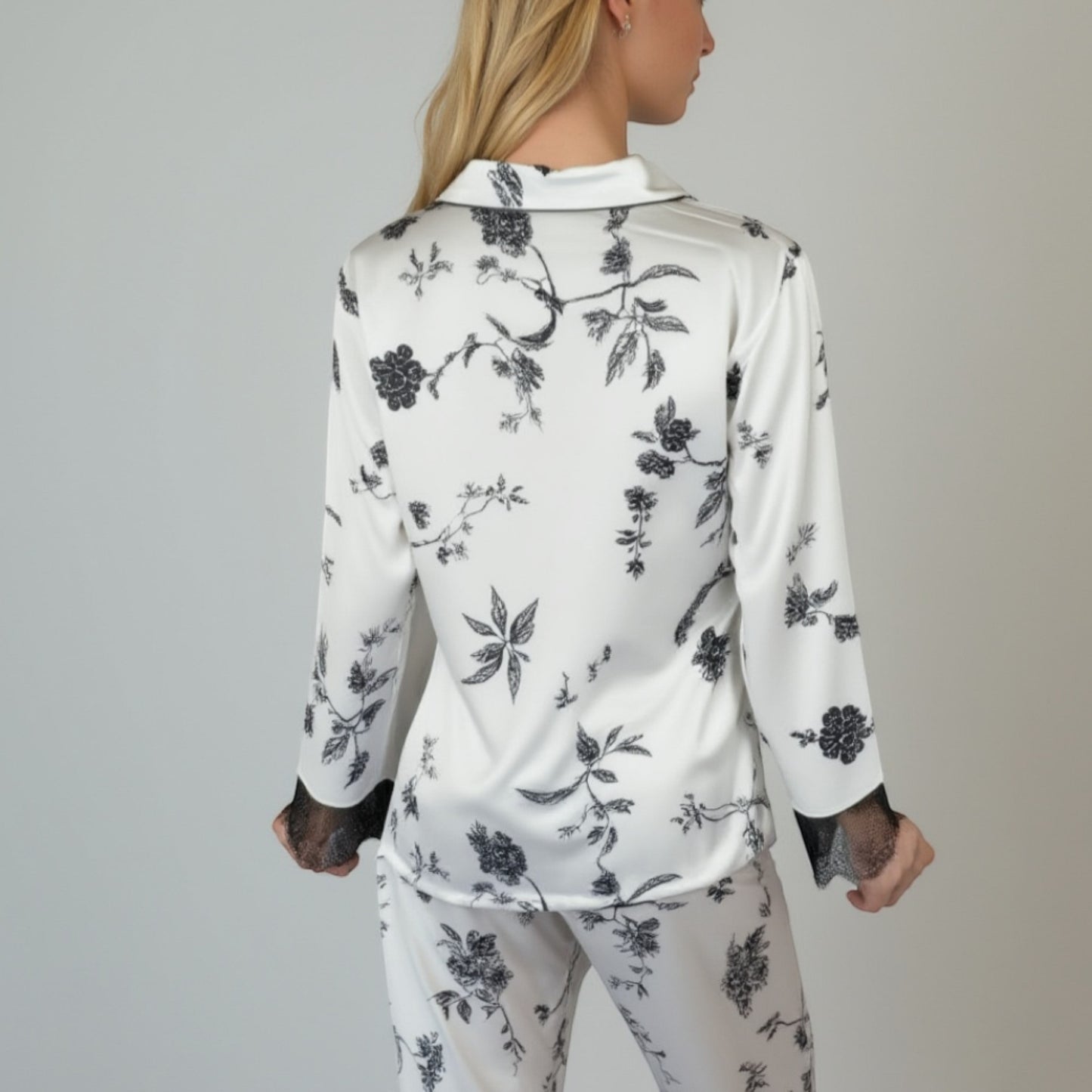 Anna-Kaci Lounge Women's Satin Pajama Set with Floral Print Long Sleeves and Lace Trim Cuffs and Hem