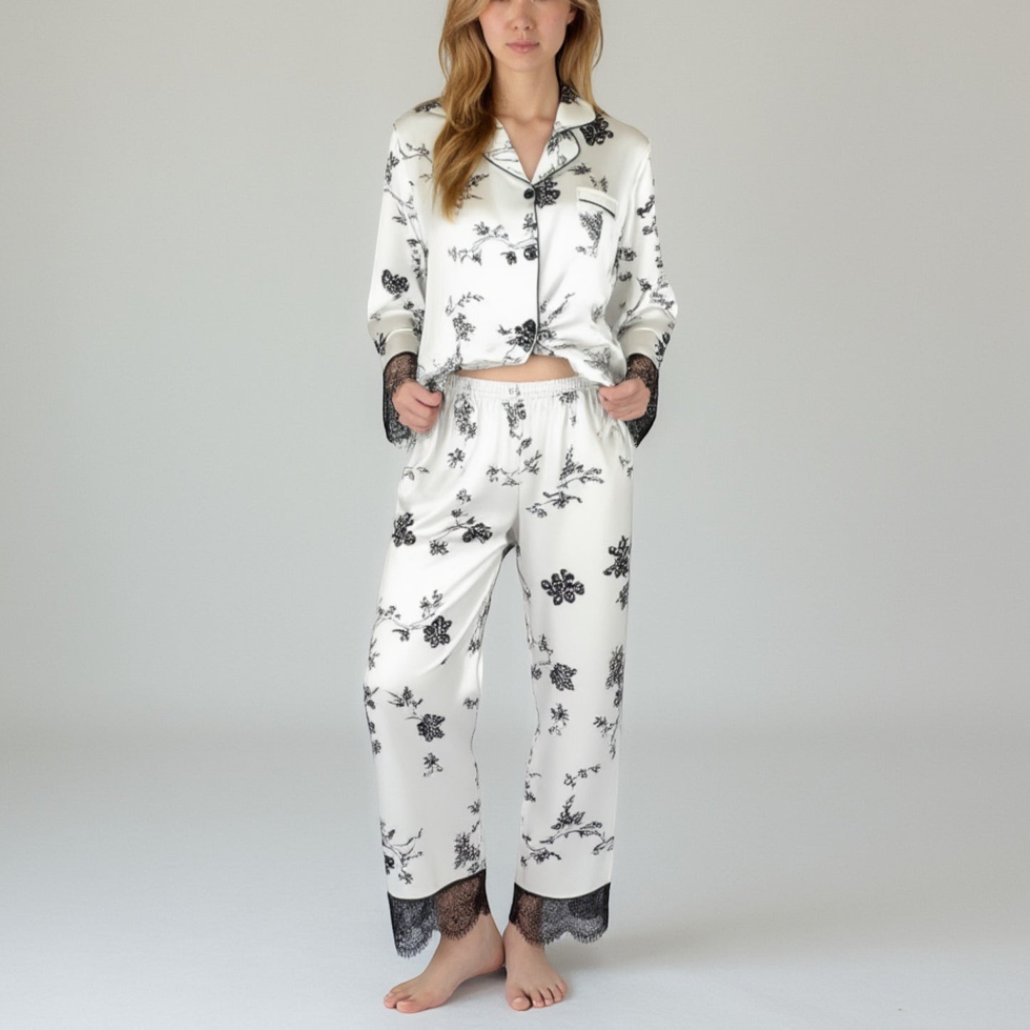 Anna-Kaci Lounge Women's Satin Pajama Set with Floral Print Long Sleeves and Lace Trim Cuffs and Hem