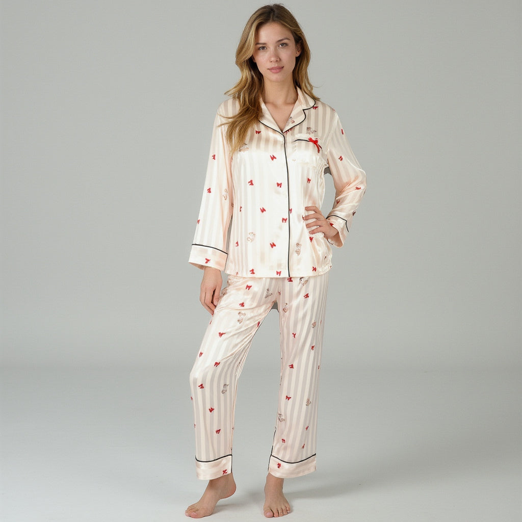 Anna-Kaci Lounge Women's Satin Pajama Set with Striped Print Contrast Trim and Long Sleeve Button-Up Top
