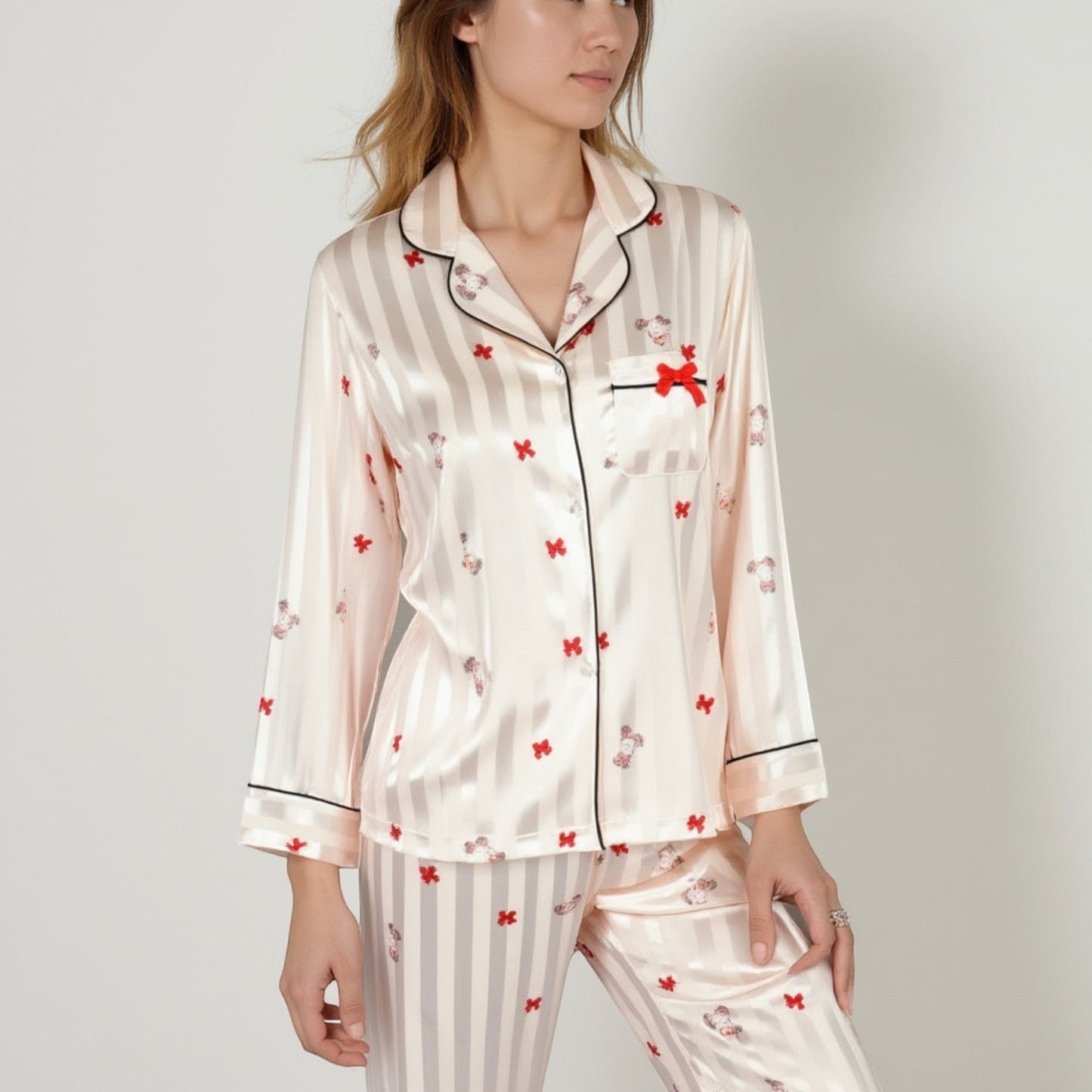 Anna-Kaci Lounge Women's Satin Pajama Set with Striped Print Contrast Trim and Long Sleeve Button-Up Top