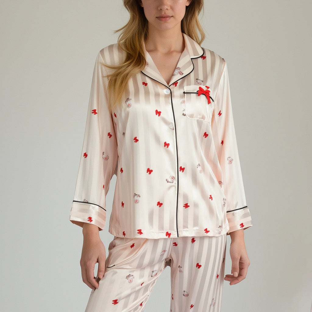 Anna-Kaci Lounge Women's Satin Pajama Set with Striped Print Contrast Trim and Long Sleeve Button-Up Top
