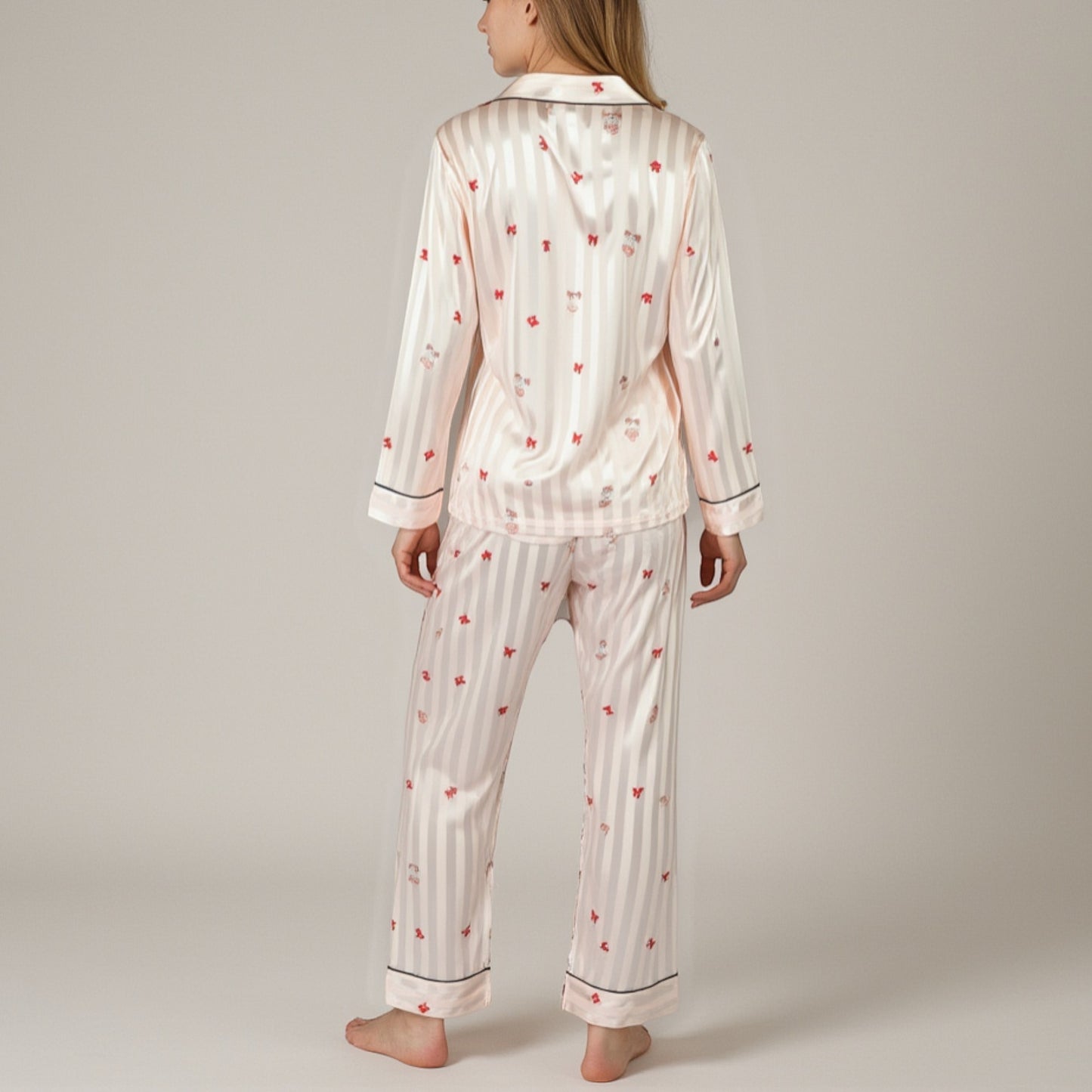 Anna-Kaci Lounge Women's Satin Pajama Set with Striped Print Contrast Trim and Long Sleeve Button-Up Top