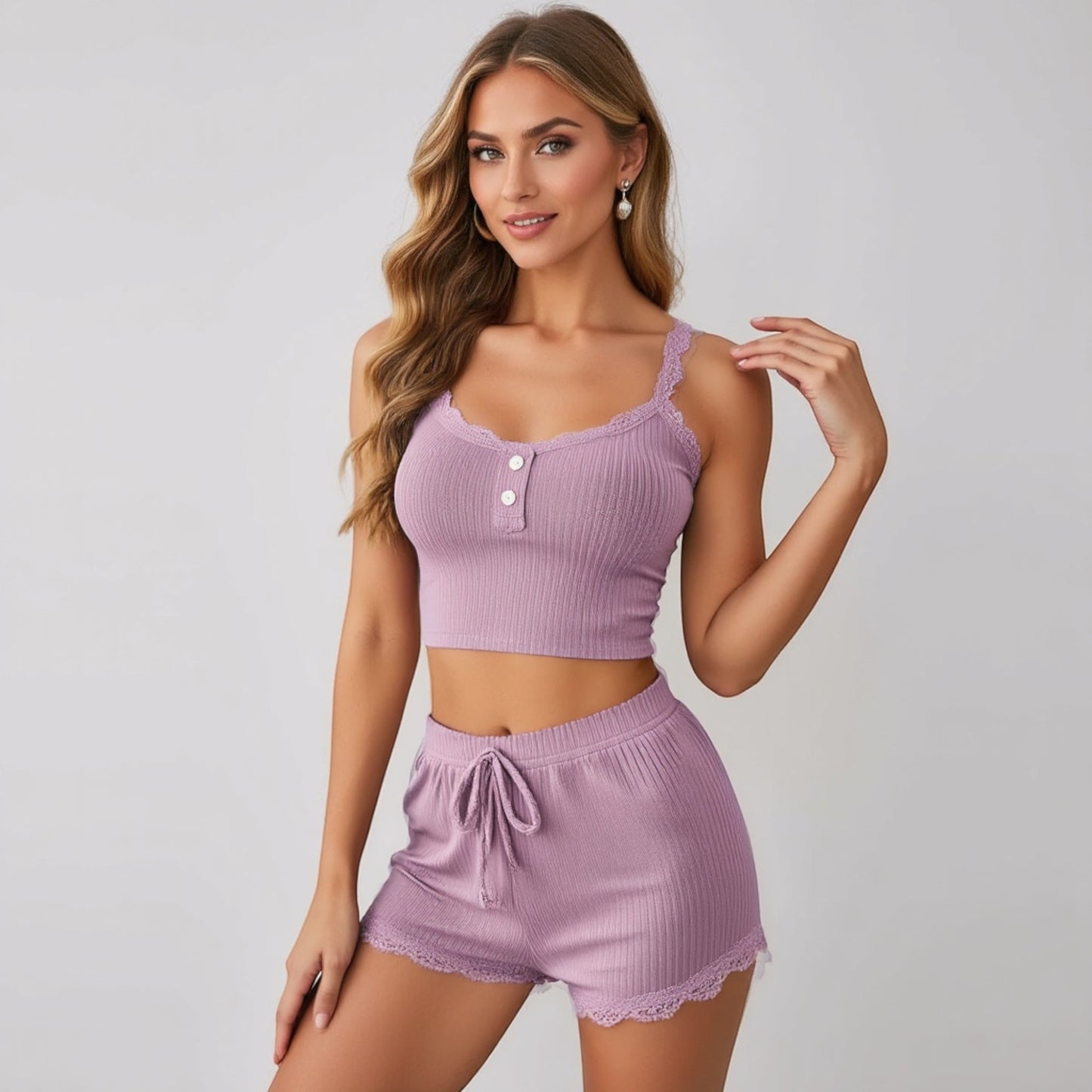 Anna-Kaci Lounge Women's Ribbed Lace Trim Pajama Set with Button Front and Drawstring Shorts