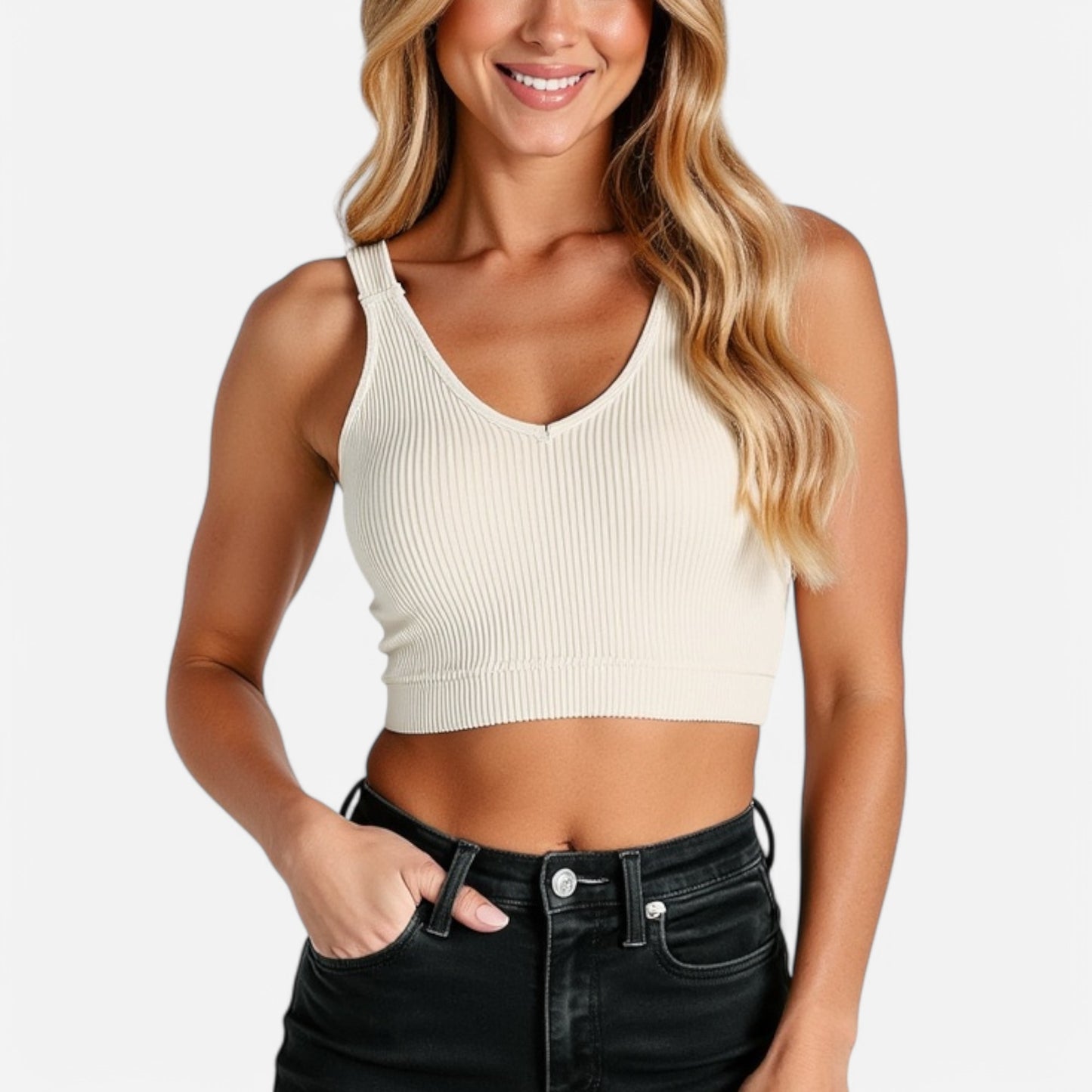Anna-Kaci Women's Ribbed Seamless Sports Bra with Scoop Neck and Wide Straps