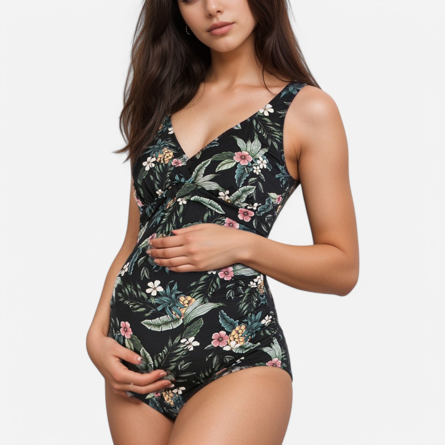 Anna-Kaci Swim Women's Tropical Print One-Piece Maternity Swimsuit with V-Neck and Ruched Sides for Growing Belly