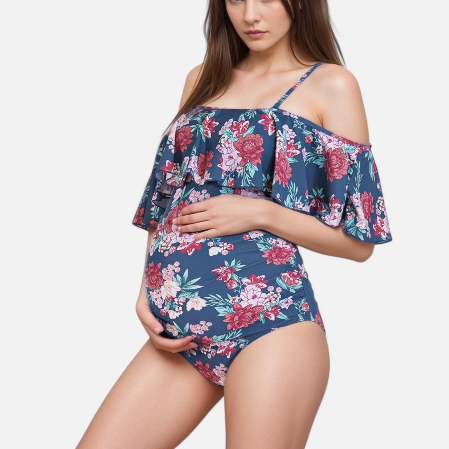 Anna-Kaci Swim Women's Ruffle Off-Shoulder Floral Maternity Swimsuit with Adjustable Straps and Ruched Belly Support