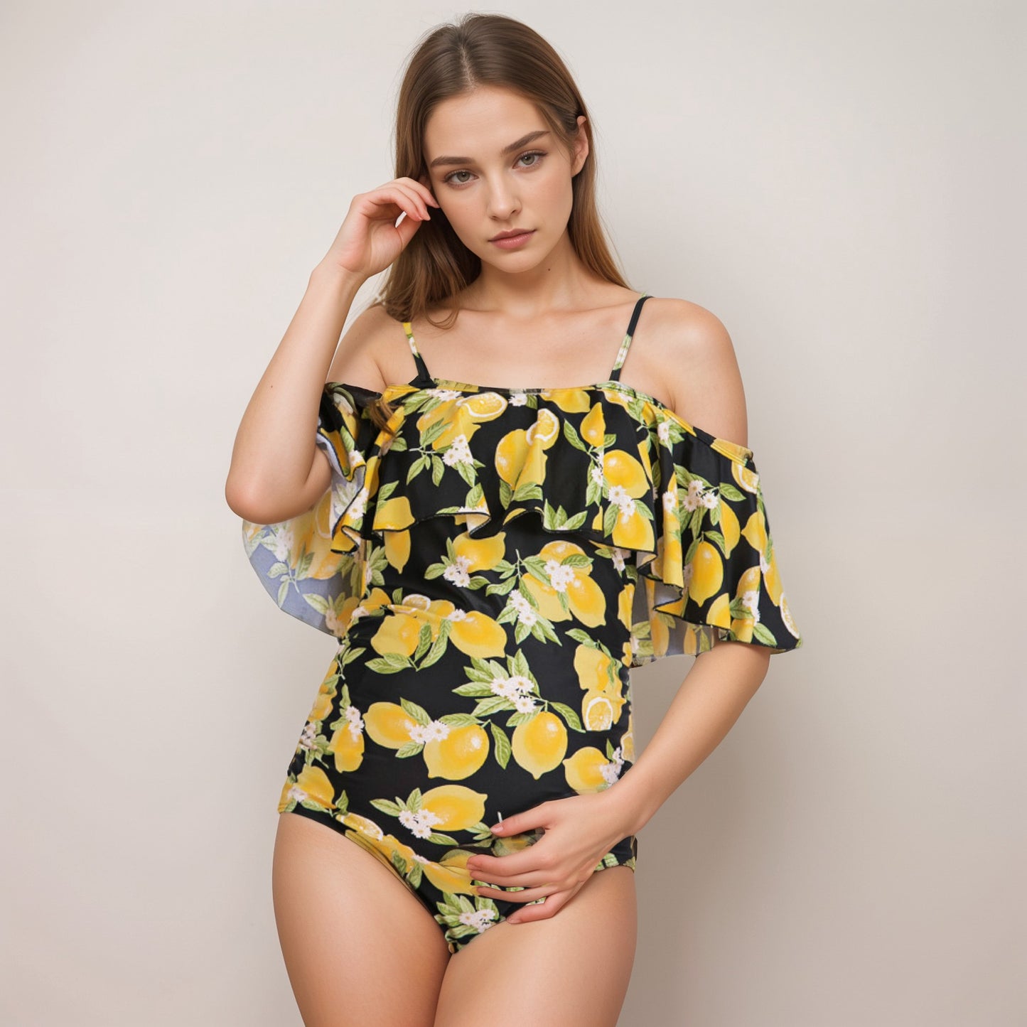 Anna-Kaci Swim Women's Lemon Print Off-Shoulder Maternity Swimsuit with Ruffle Overlay and Adjustable Spaghetti Straps