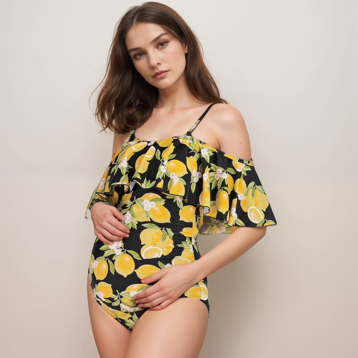 Anna-Kaci Swim Women's Lemon Print Off-Shoulder Maternity Swimsuit with Ruffle Overlay and Adjustable Spaghetti Straps