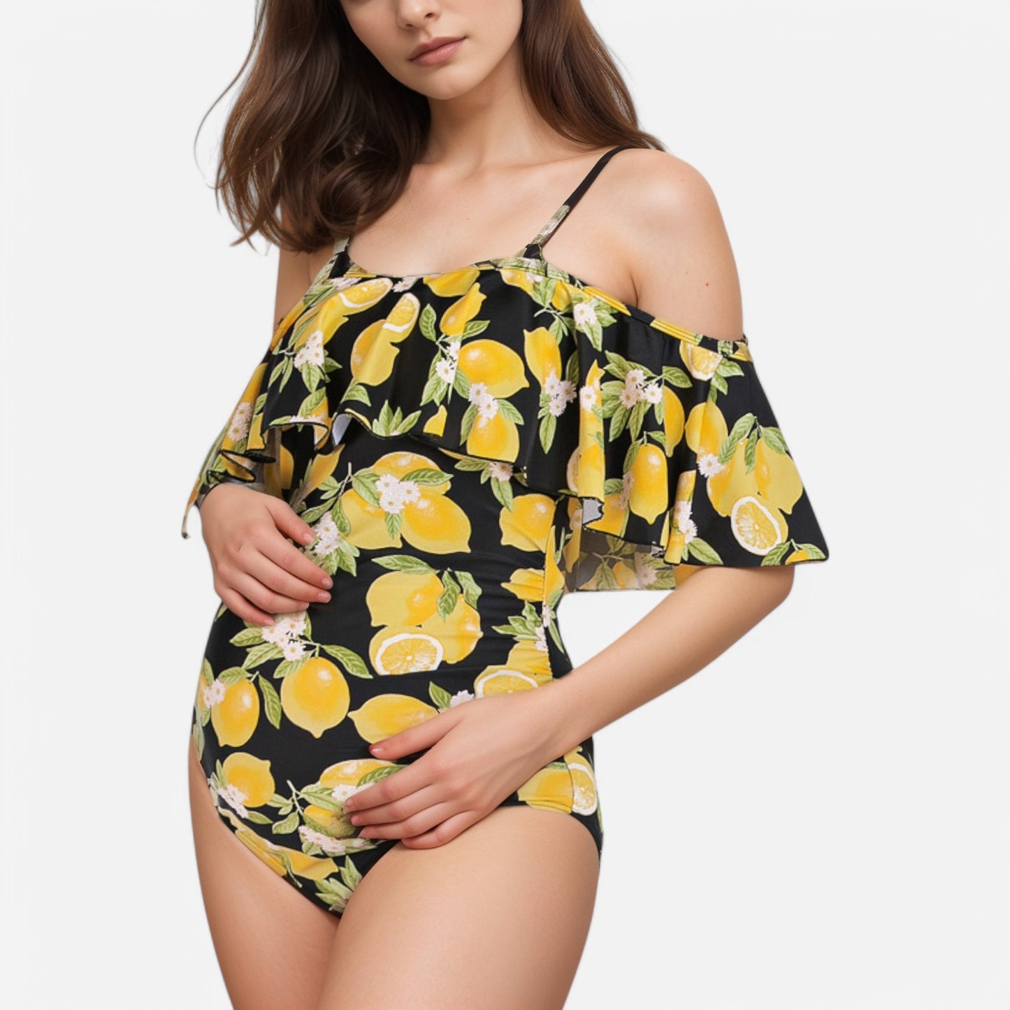 Anna-Kaci Swim Women's Lemon Print Off-Shoulder Maternity Swimsuit with Ruffle Overlay and Adjustable Spaghetti Straps