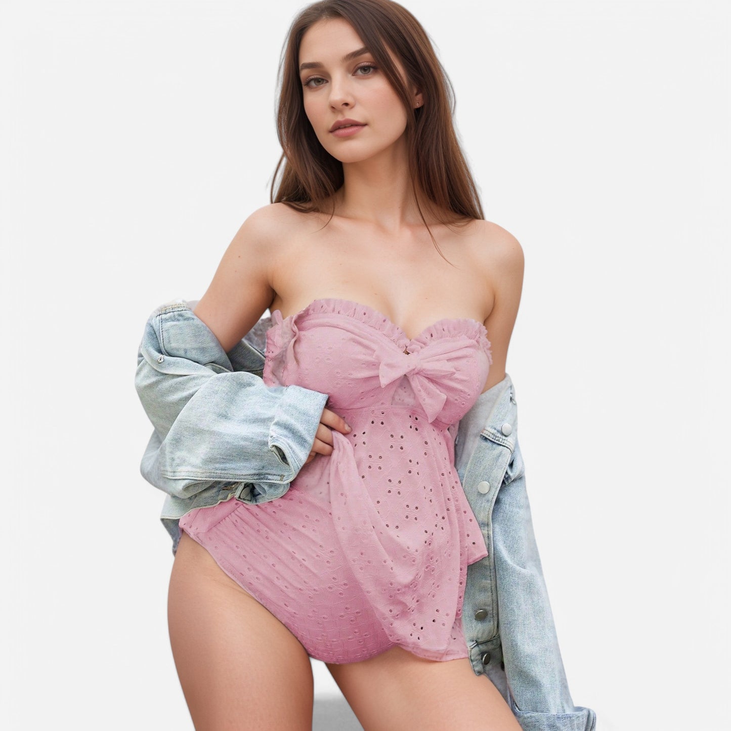 Anna-Kaci Swim Women's Maternity Strapless Eyelet Lace One-Piece Swimsuit with Ruffled Trim and Sheer Bow Overlay