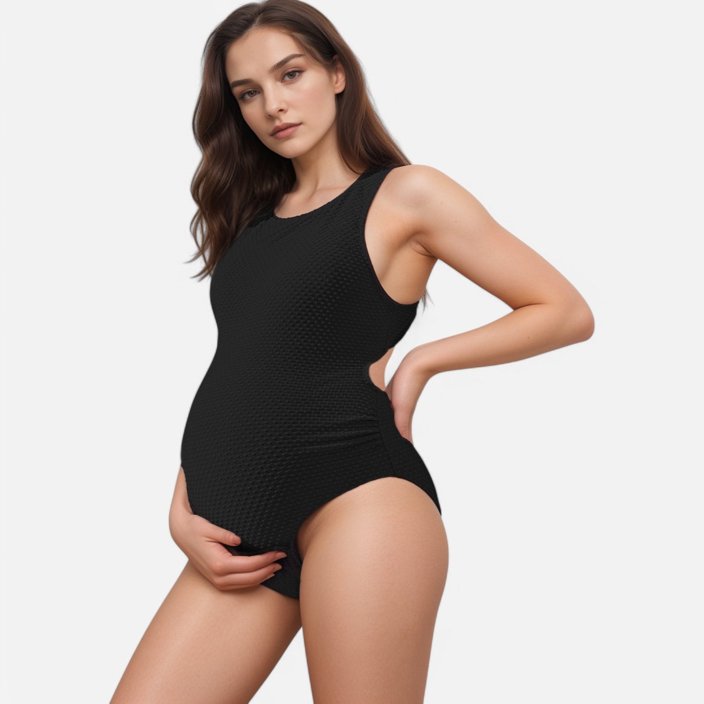 Anna-Kaci Swim Women's Maternity Ribbed One-Piece Swimsuit with Scoop Neck and Side Cutout Detail