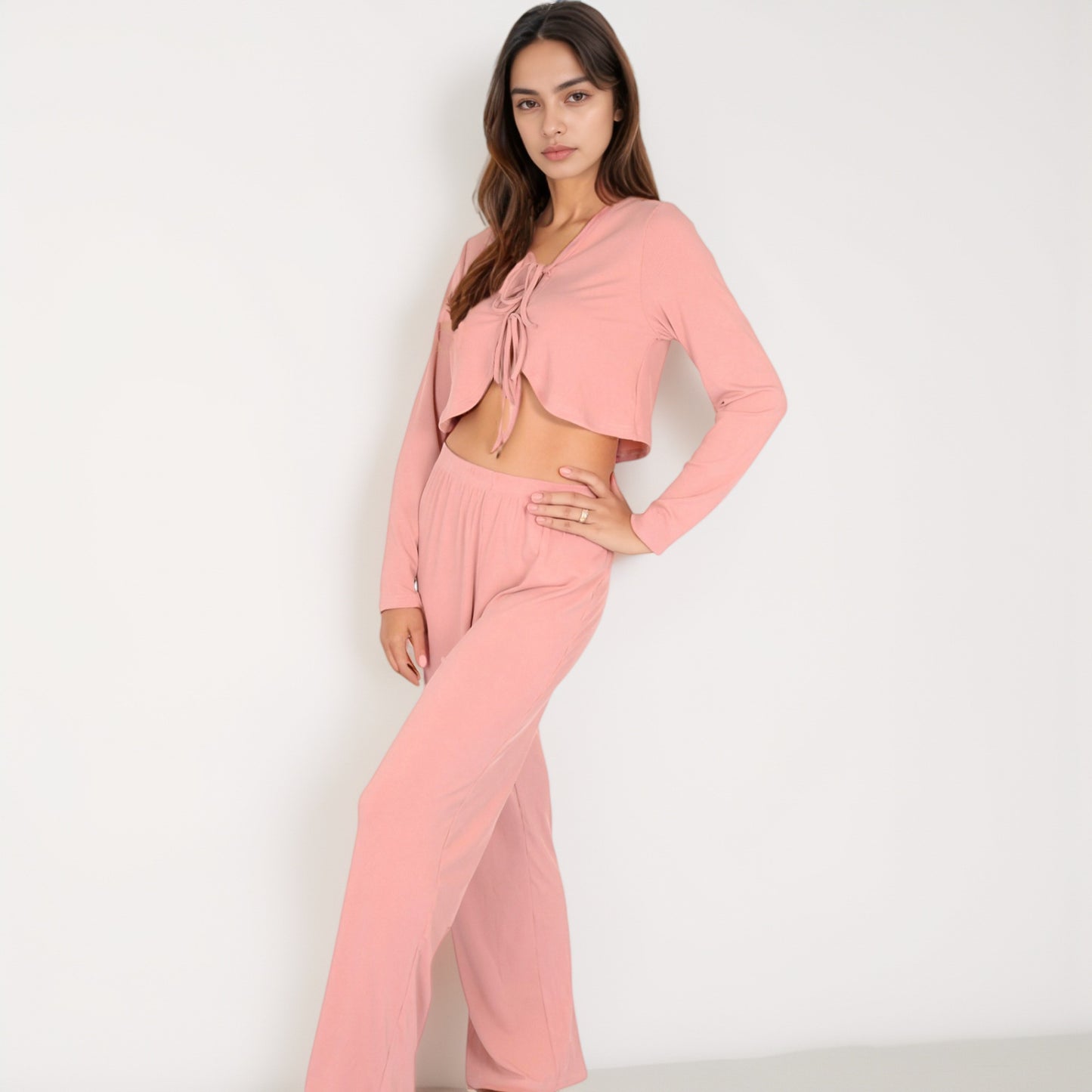 Anna-Kaci Women's Long Sleeve Pajama Set with Tie Front Cropped Top and Relaxed Fit High Waist Full-Length Lounge Pants