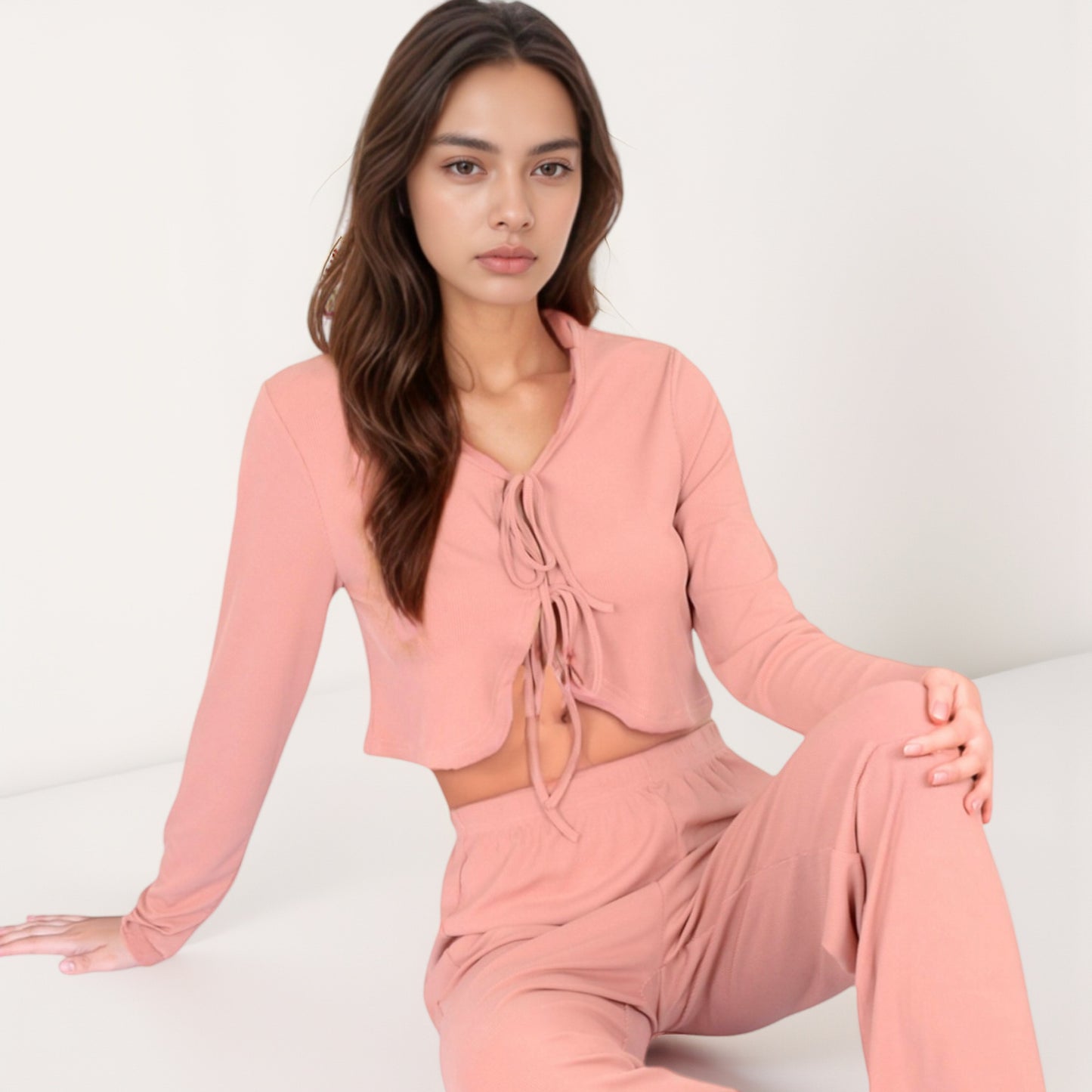 Anna-Kaci Women's Long Sleeve Pajama Set with Tie Front Cropped Top and Relaxed Fit High Waist Full-Length Lounge Pants