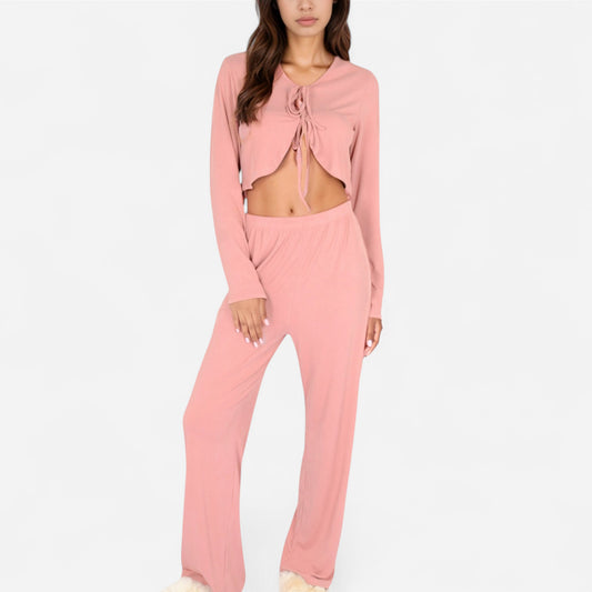 Anna-Kaci Women's Long Sleeve Pajama Set with Tie Front Cropped Top and Relaxed Fit High Waist Full-Length Lounge Pants