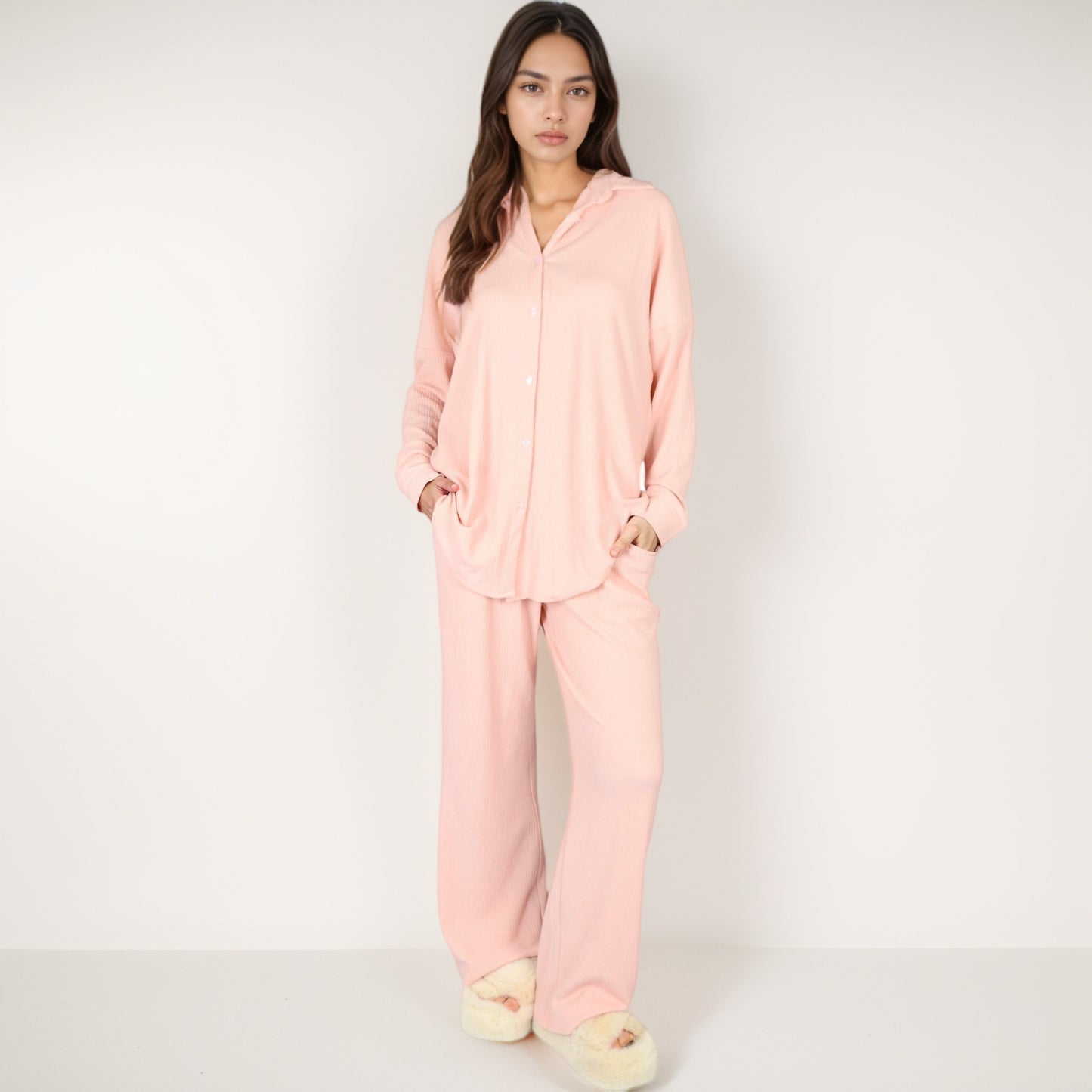 Anna-Kaci Lounge Women's Waffle Knit Pajama Set with Long Sleeve Button Down Top and Relaxed Fit Pants