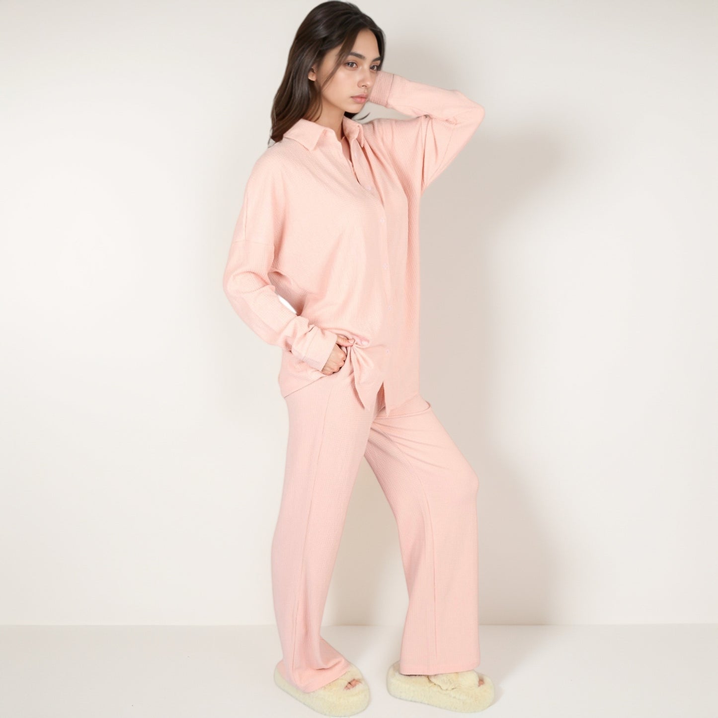 Anna-Kaci Lounge Women's Waffle Knit Pajama Set with Long Sleeve Button Down Top and Relaxed Fit Pants