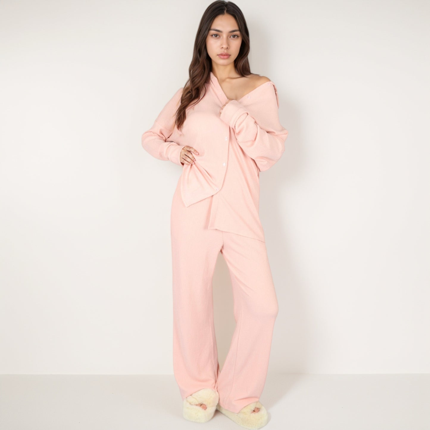 Anna-Kaci Lounge Women's Waffle Knit Pajama Set with Long Sleeve Button Down Top and Relaxed Fit Pants