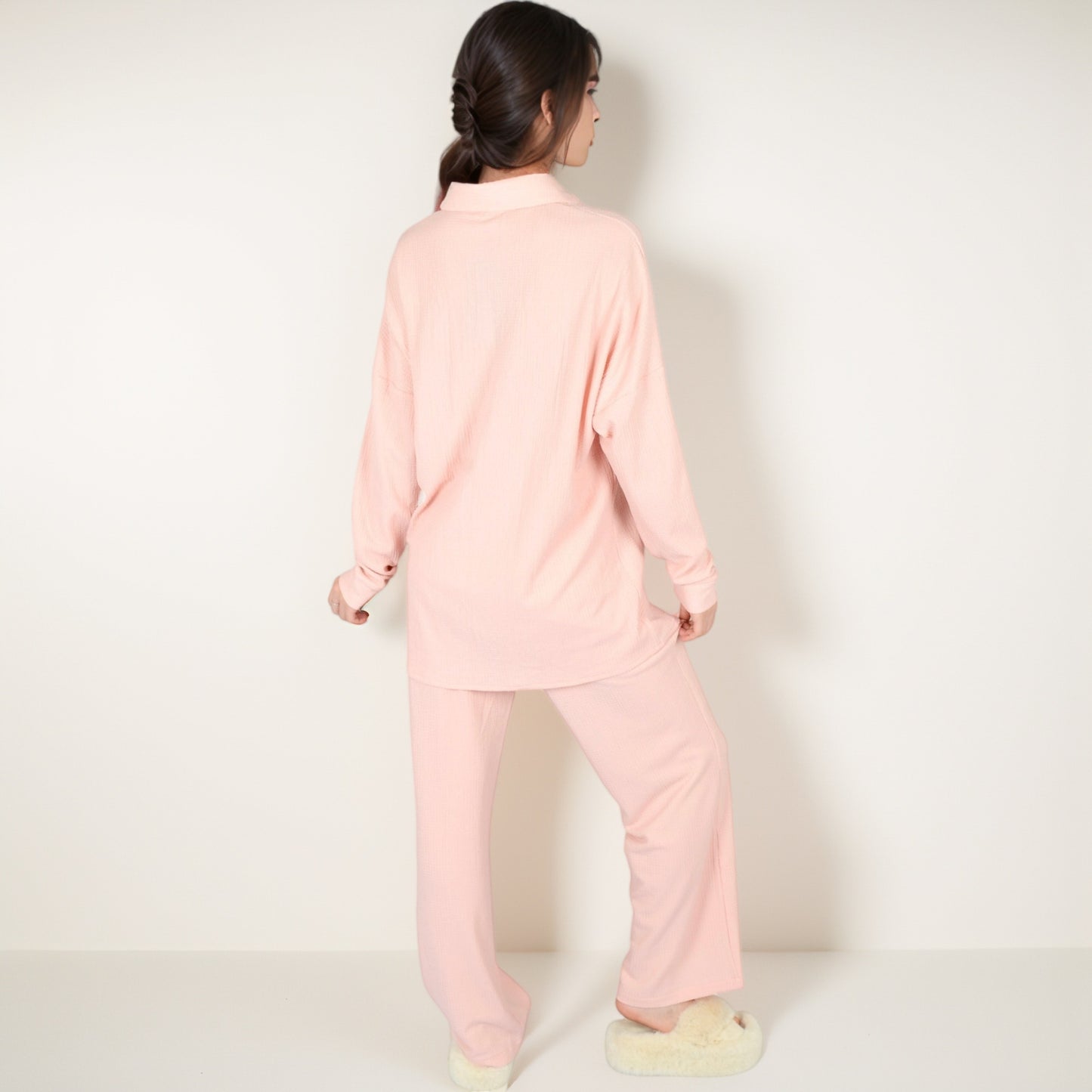 Anna-Kaci Lounge Women's Waffle Knit Pajama Set with Long Sleeve Button Down Top and Relaxed Fit Pants