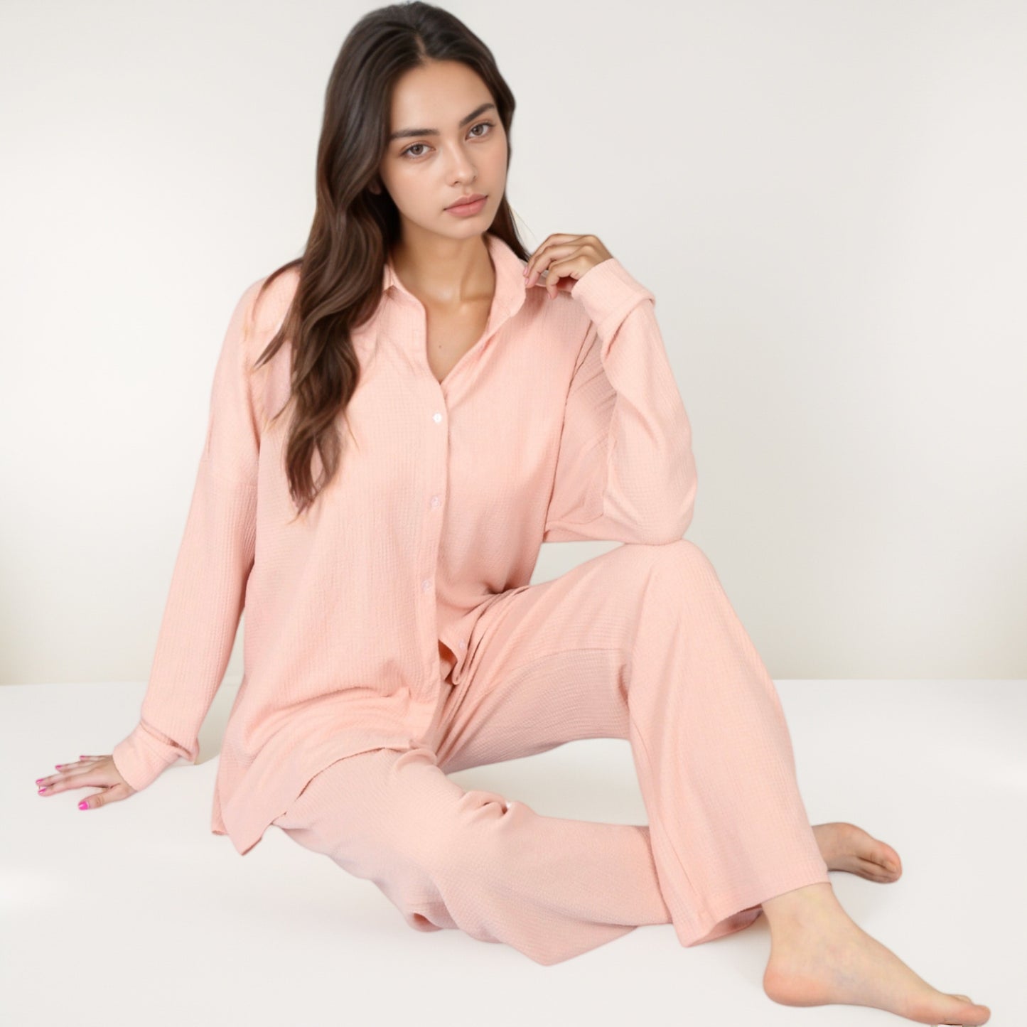 Anna-Kaci Lounge Women's Waffle Knit Pajama Set with Long Sleeve Button Down Top and Relaxed Fit Pants