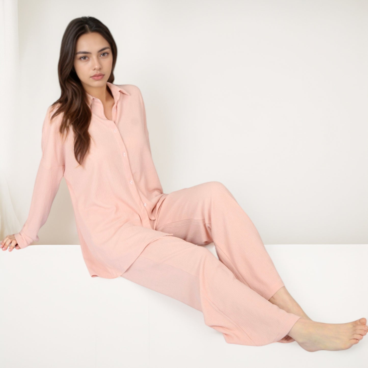 Anna-Kaci Lounge Women's Waffle Knit Pajama Set with Long Sleeve Button Down Top and Relaxed Fit Pants