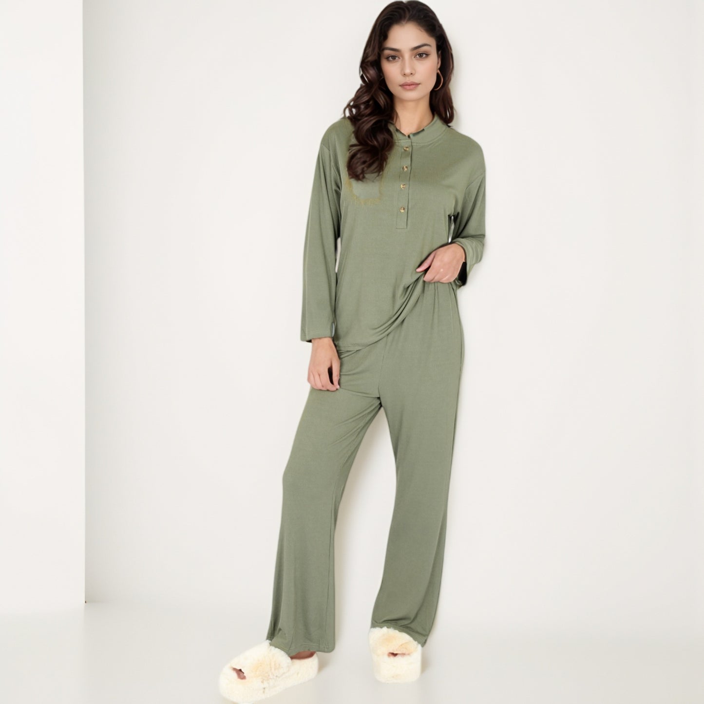 Anna-Kaci Women's Henley Pajama Set with Long Sleeve Button-Front Top Relaxed Fit and Full-Length Stretch Lounge Pants